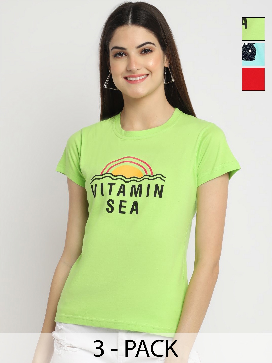 

Dreambe Women Pack of 3 Typography Printed Round Neck Cotton T-shirts, Green