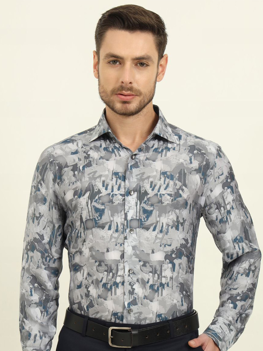 

JADE BLUE Men Slim Fit Spread Collar Abstract Printed Formal Shirt, Grey