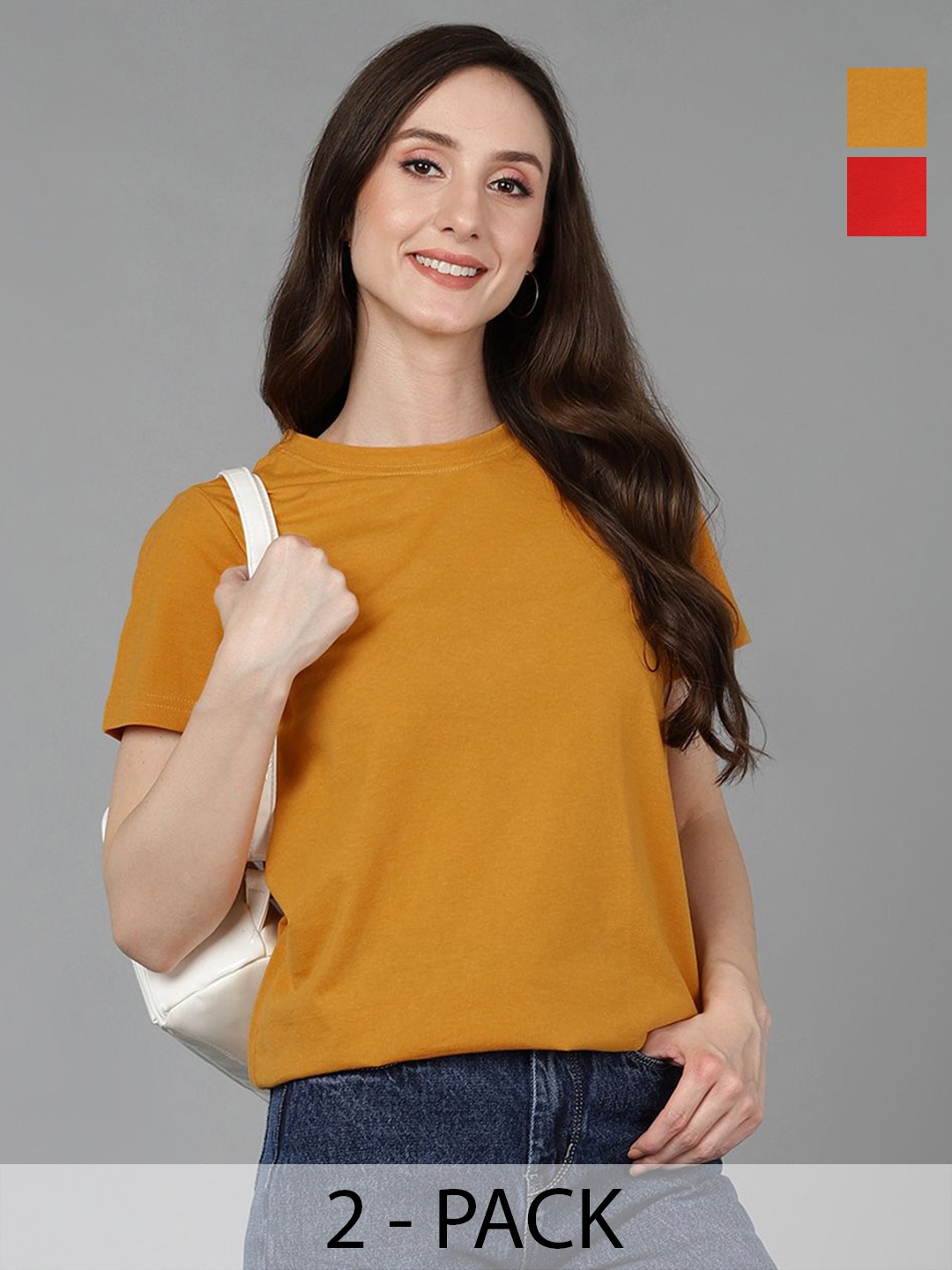 

Adyavastram Women Pack Of 2 Solid Round Neck Cotton T-shirts, Mustard