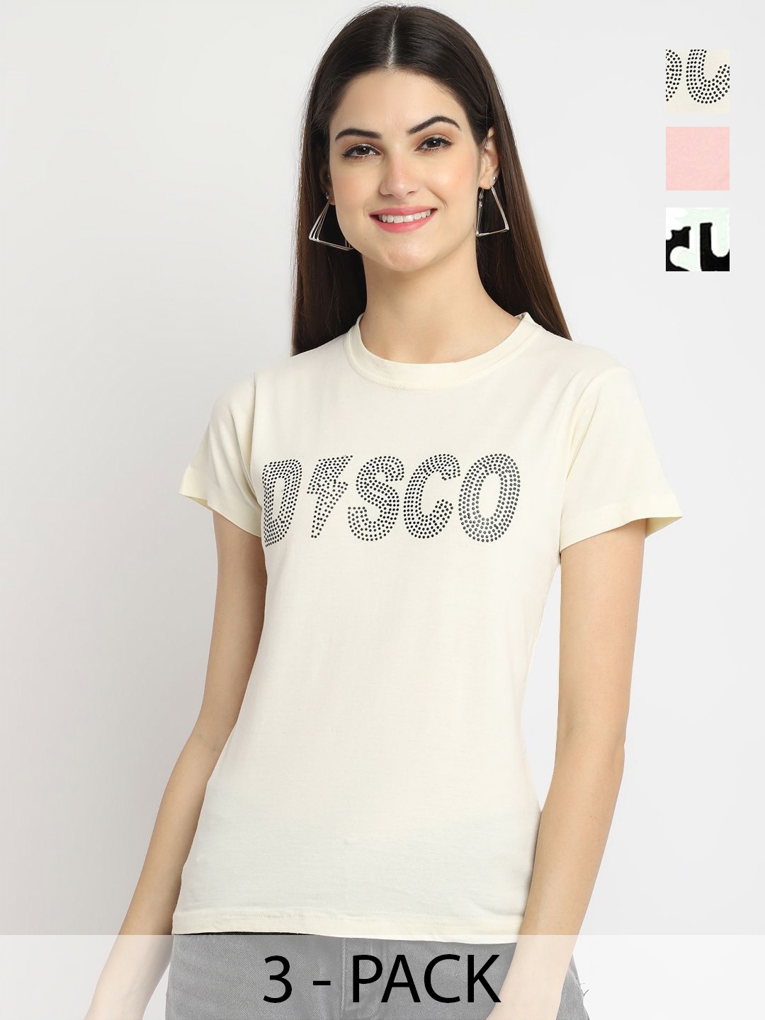 

Dreambe Women Pack of 3 Typography Printed Round Neck Cotton T-shirts, Cream