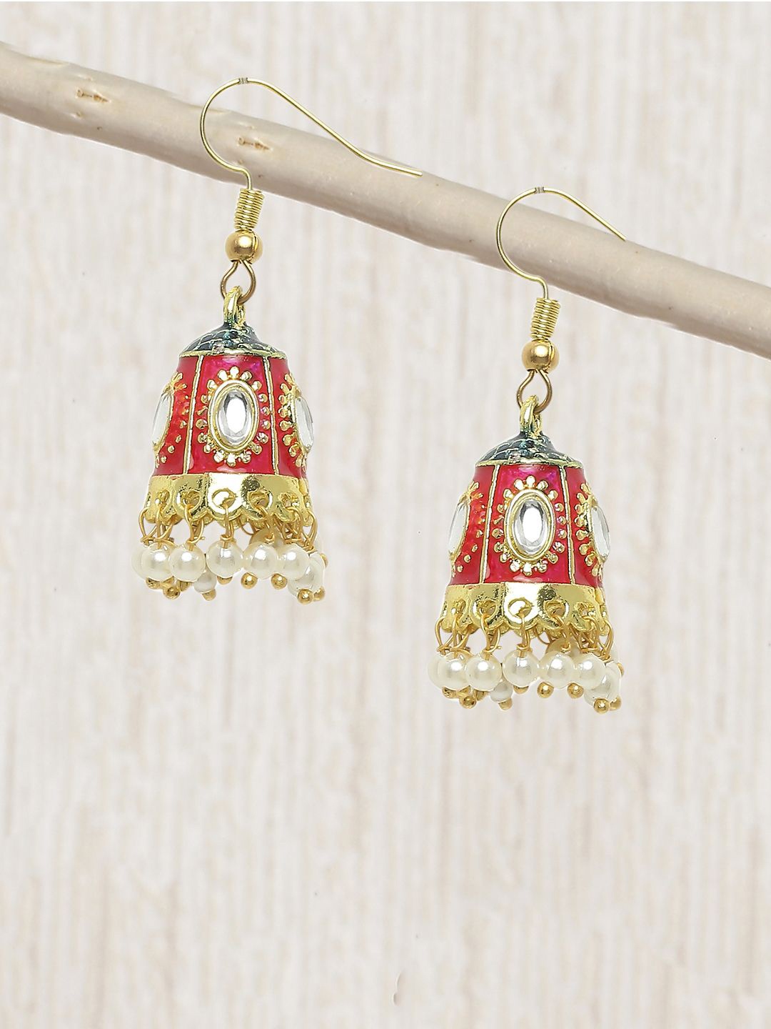 

Anouk Artificial Beaded & Kundan Studded Dome Shaped Meenakari Jhumkas, Red