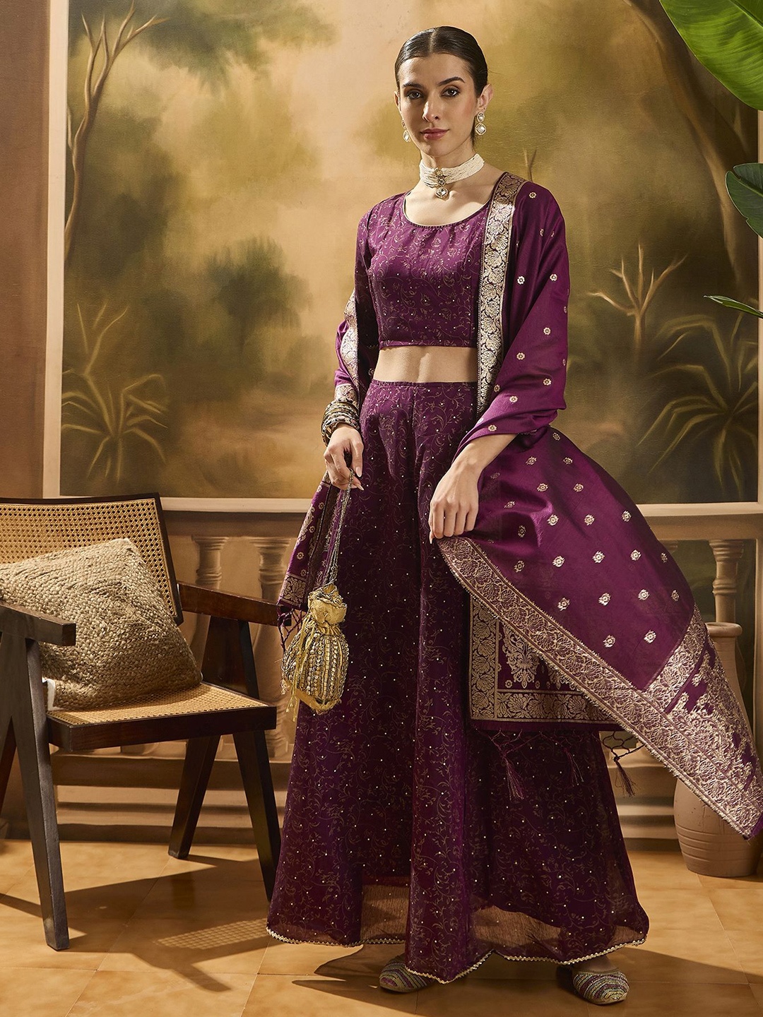 

Sangria Woven Design Lehenga With Choli & Dupatta, Violet
