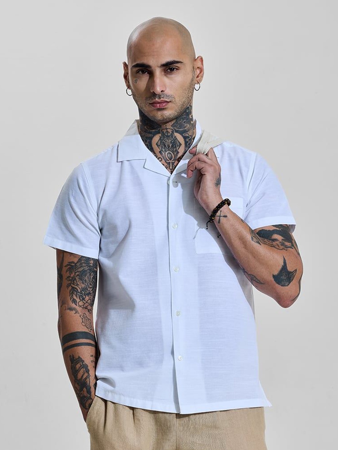 

Snitch Men Comfort Relaxed Fit Cuban Collar Solid Cotton Casual Shirt, White