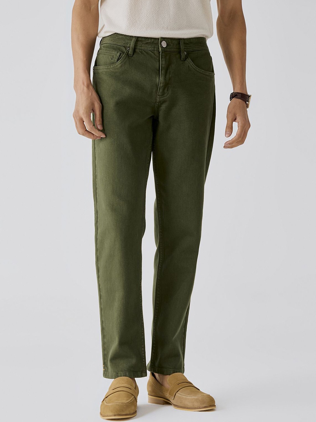 

Andamen Men Organic Cotton Casual Twill Woven Special Wash Effect Regular Fit Jeans, Green