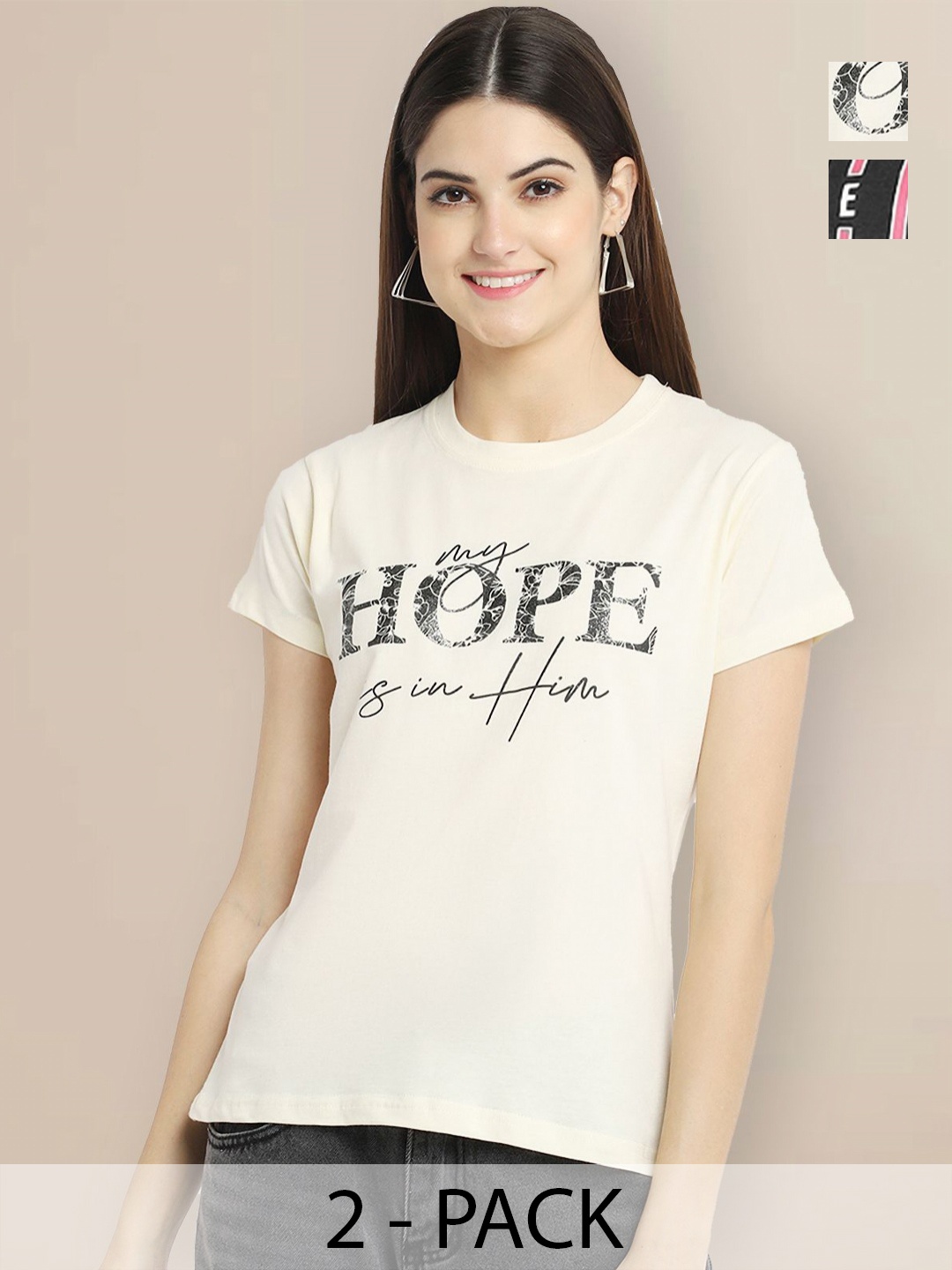 

GLOBAL NOMAD Pack Of 2 Typography Printed Cotton T-shirts, Cream