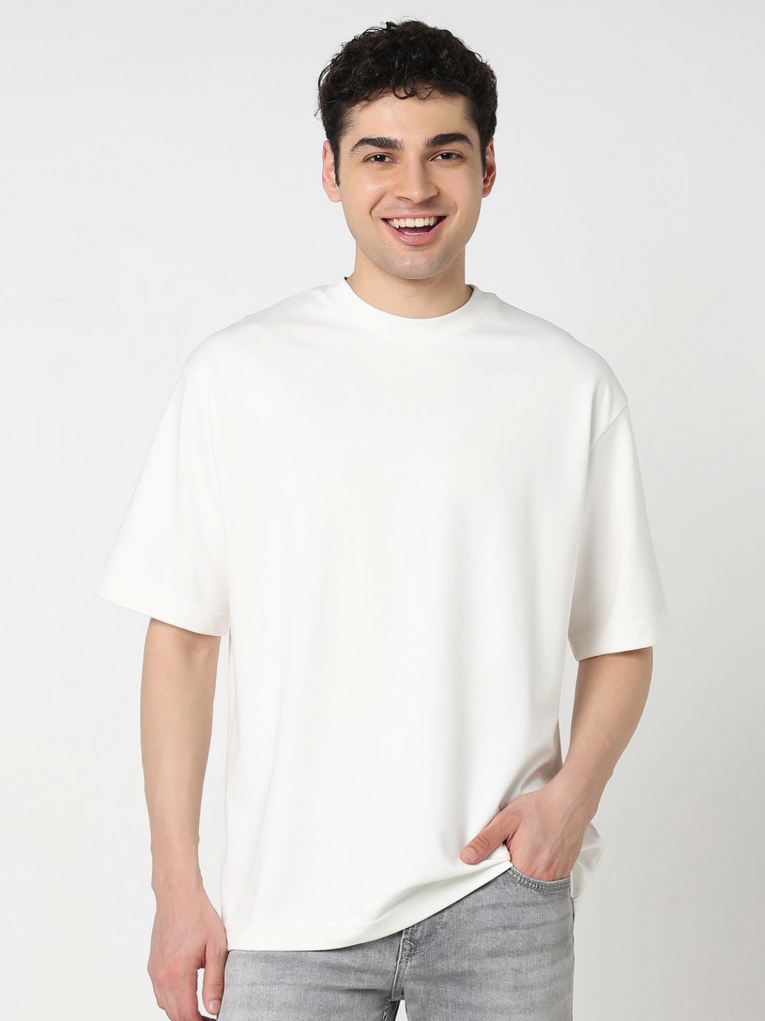 

R&B Men Solid Cotton Oversized T-shirt, White