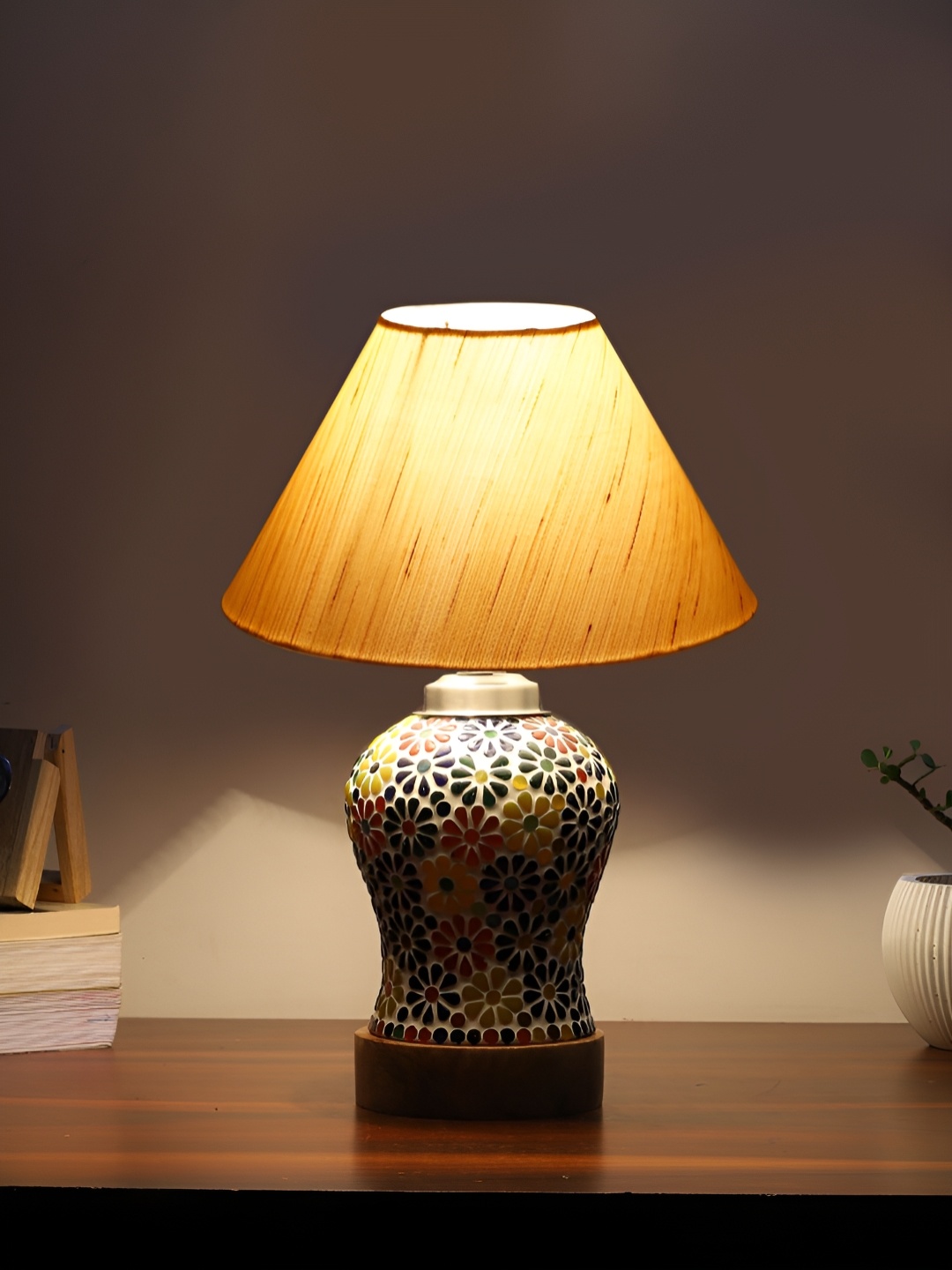 

Devansh Off White Textured Frustum Shaped Wooden Table Lamp
