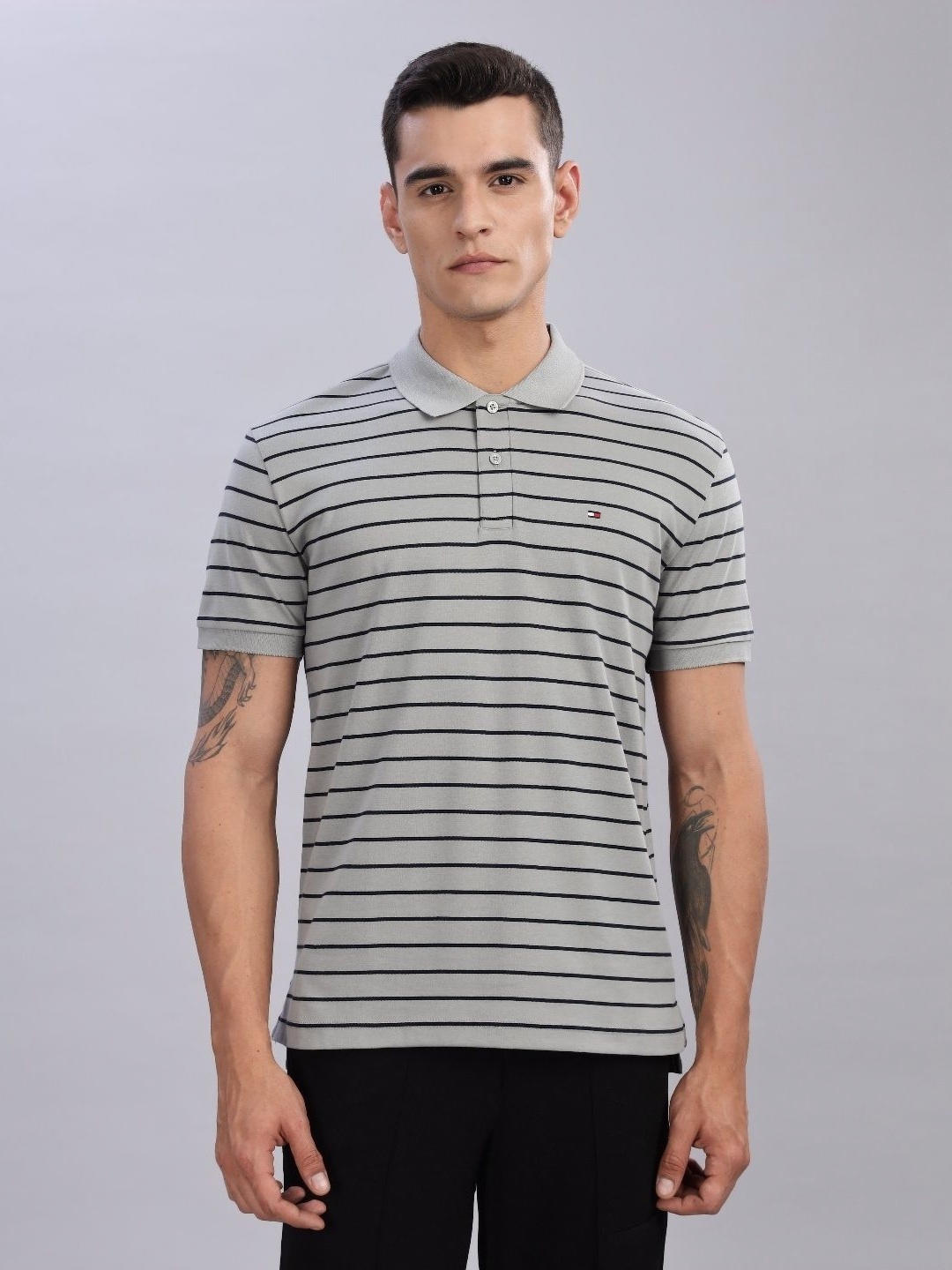 

Tommy Hilfiger Men Striped Polo Collar Cotton Regular Fit T-shirt, Grey