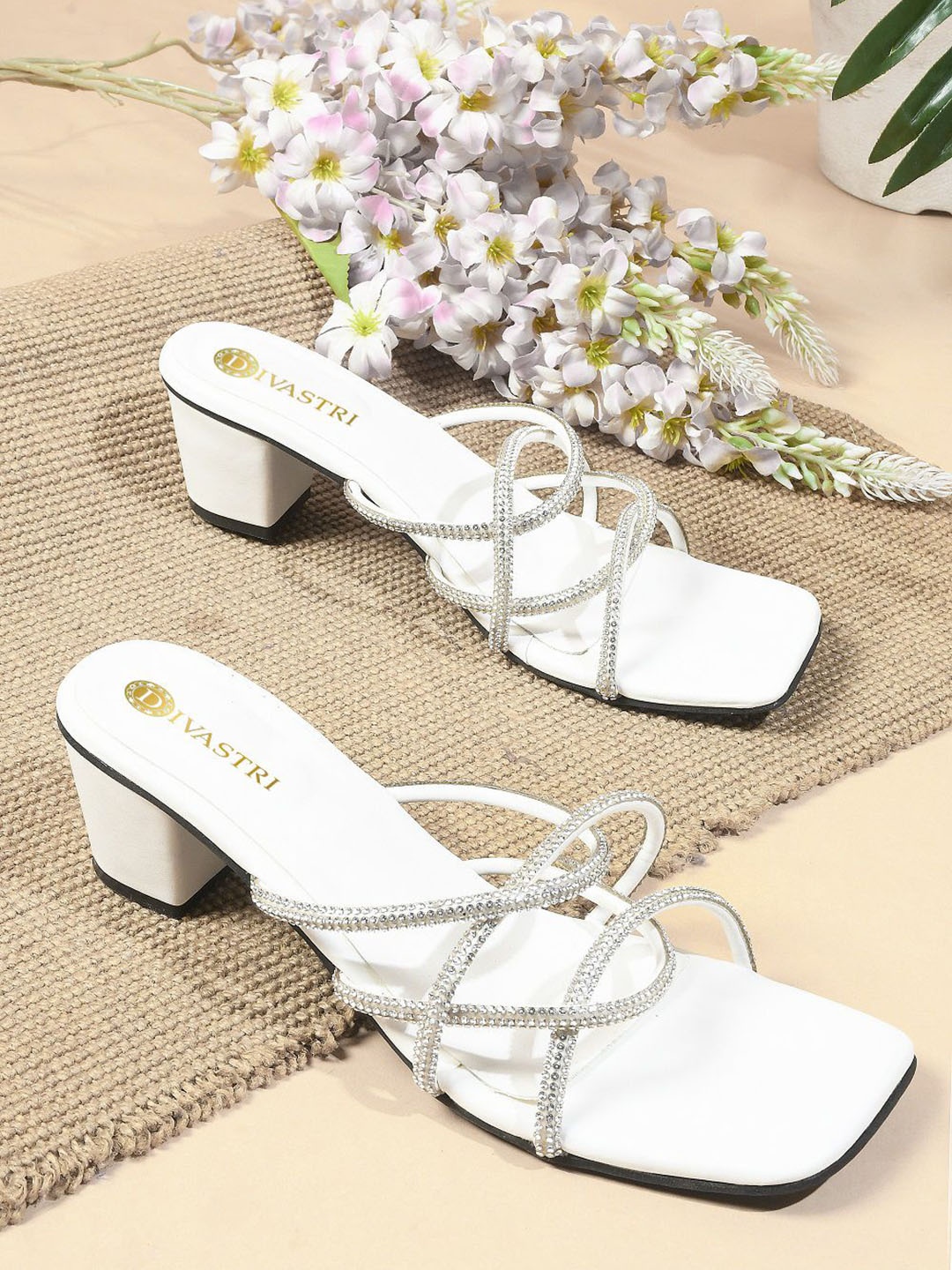 

DIVASTRI Women Embellished Open Toe Open Back Block Sandals, White