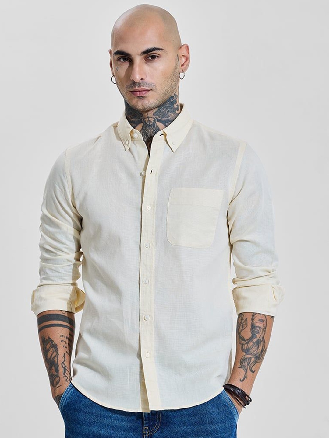 

Snitch Men Smart Slim Fit Button-Down Collar Solid Cotton Casual Shirt, Cream
