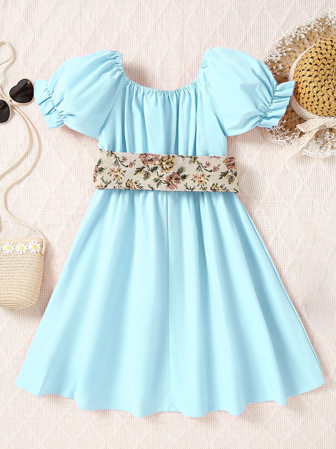 

INCLUD Girls Round Neck Puff Sleeve Fit & Flare Dress, Blue