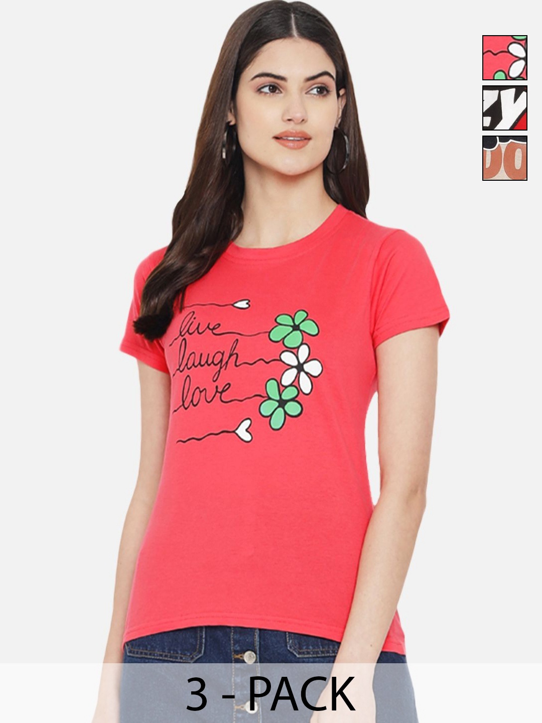 

Dreambe Women Pack of 3 Graphic Printed Round Neck Cotton T-shirts, Pink