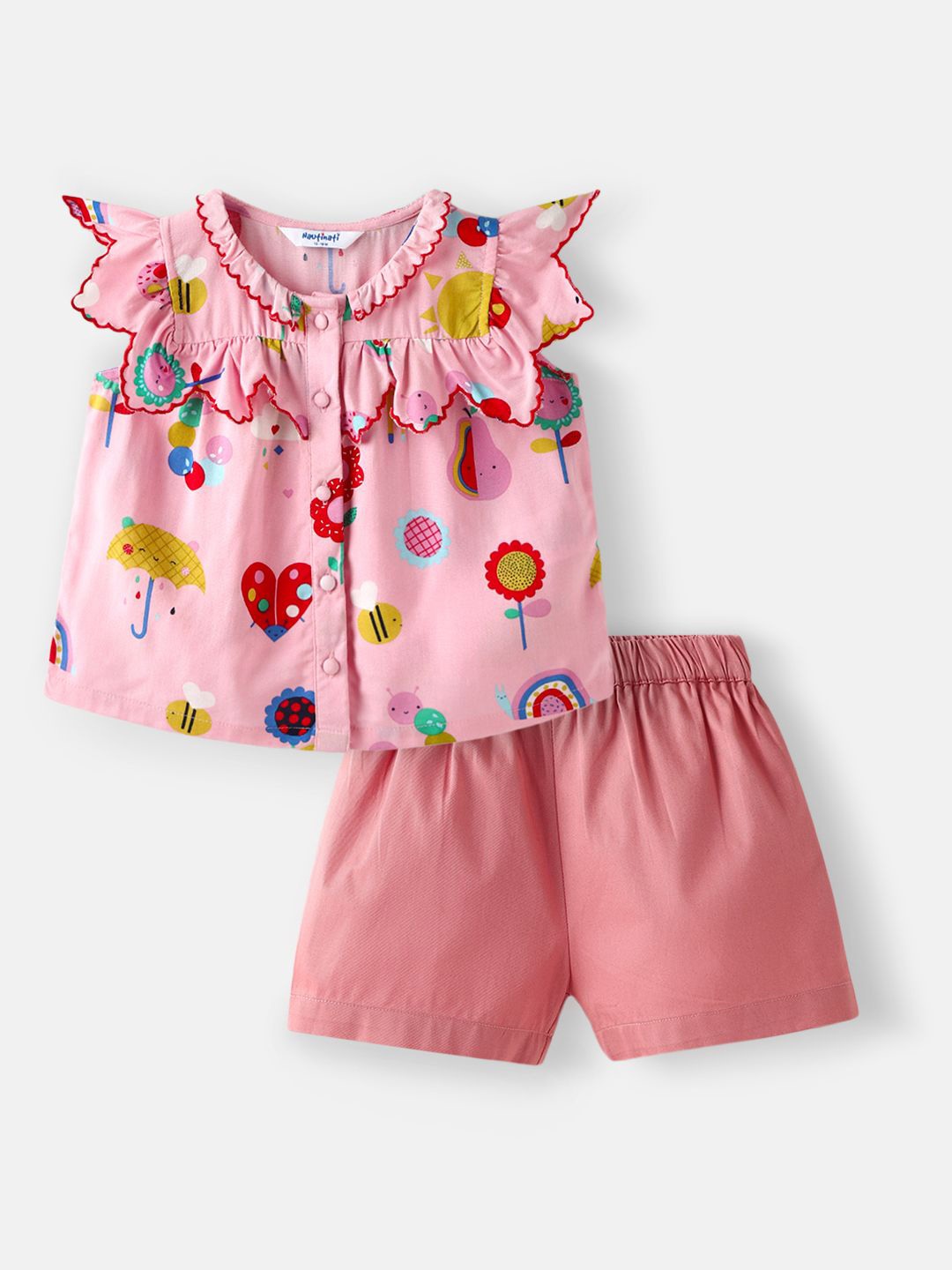 

Nauti Nati Girls Printed V-Neck Ruffle Sleeves Top With Shorts, Pink