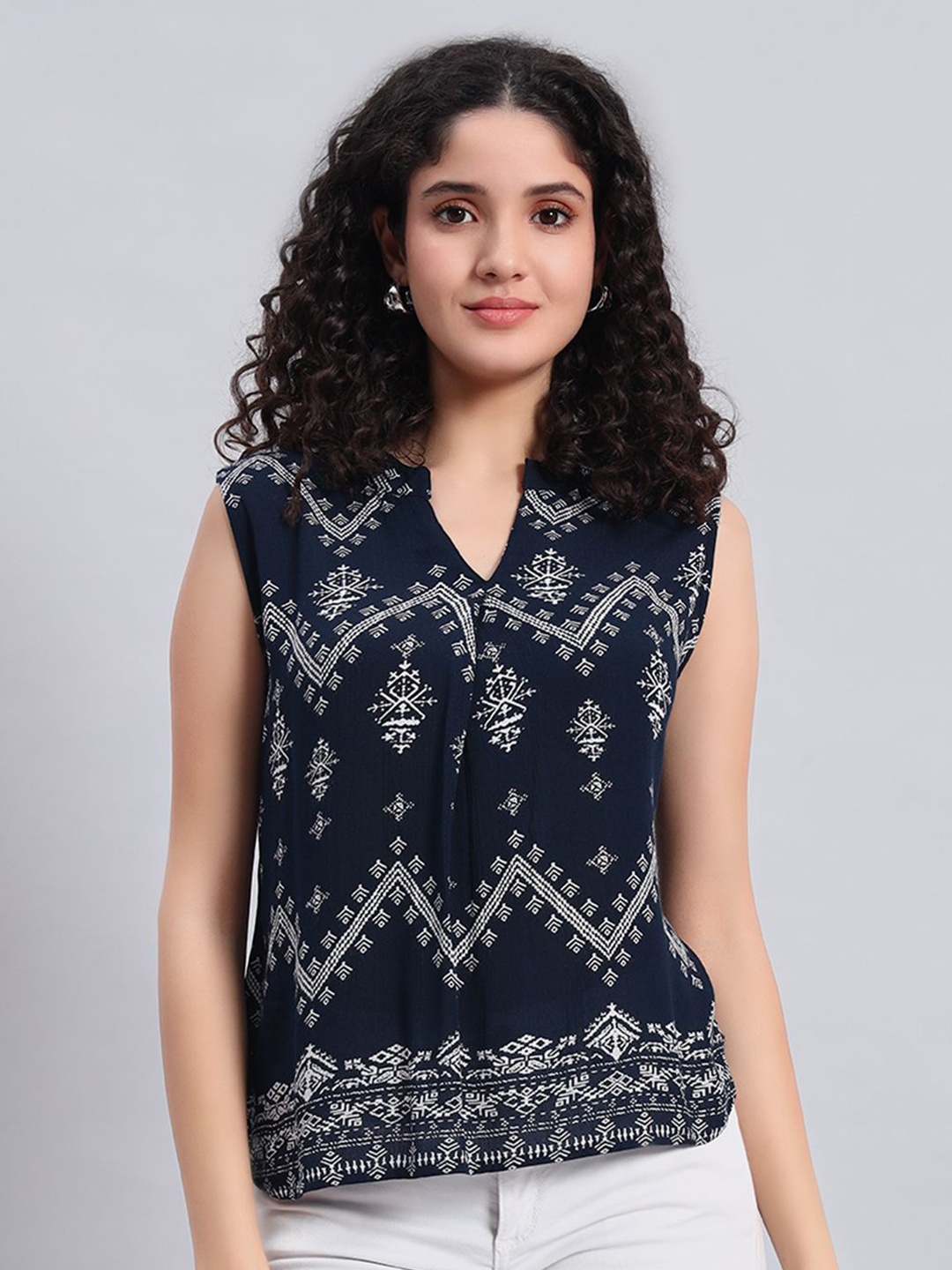 

VELDRESS Women Printed Mandarin Collar Top, Blue
