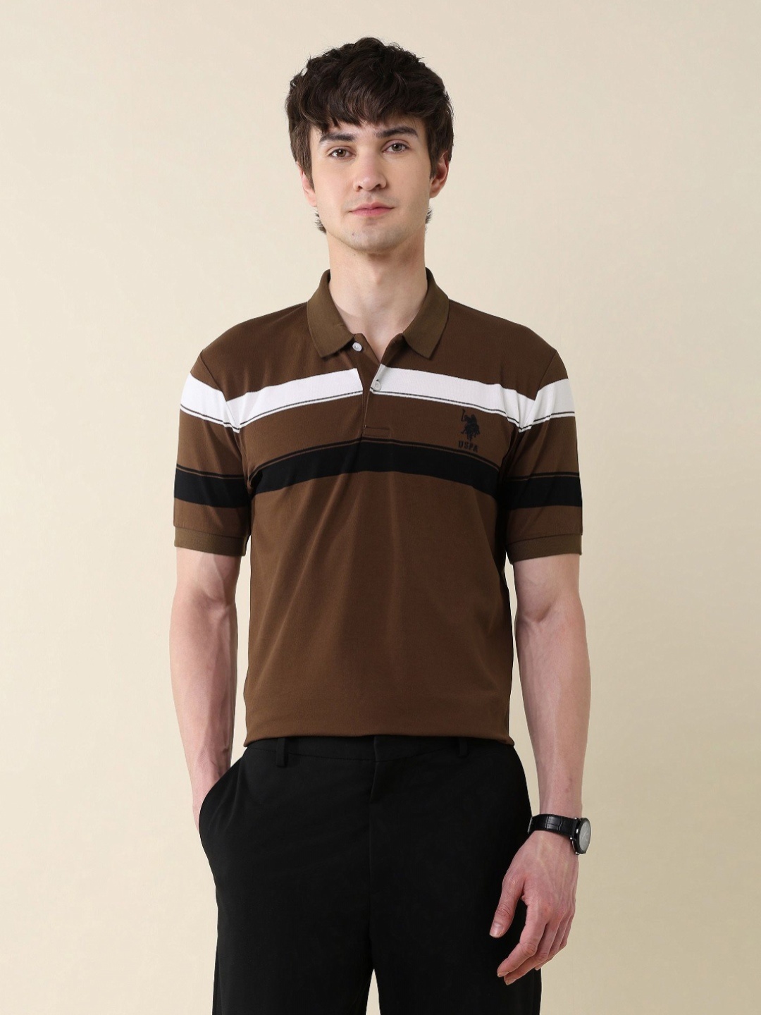

U.S. Polo Assn. Men Striped Polo Collar Cotton Slim Fit T-shirt, Brown