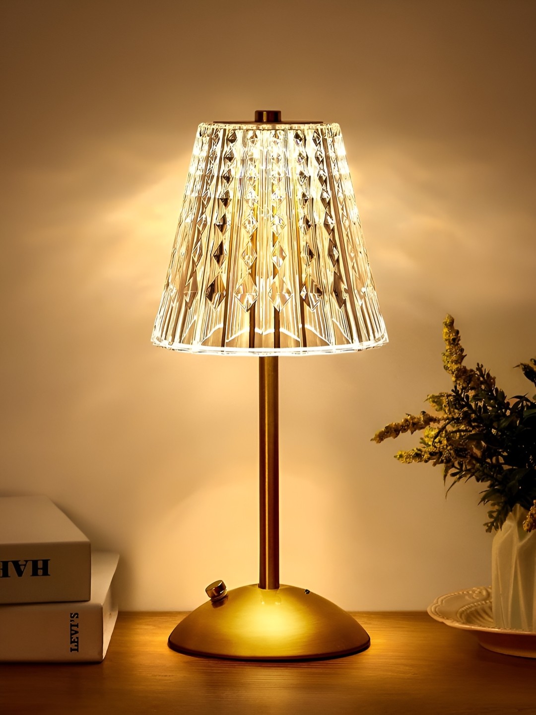 

DWIZA ENTERPRISE Gold-Toned & Transparent Frustum Shaped Table Lamp