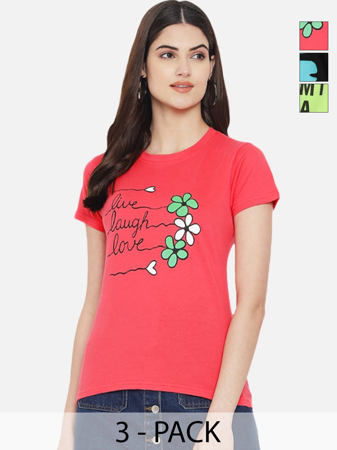 

Dreambe Women Pack of 3 Typography Printed Round Neck Cotton T-shirts, Red