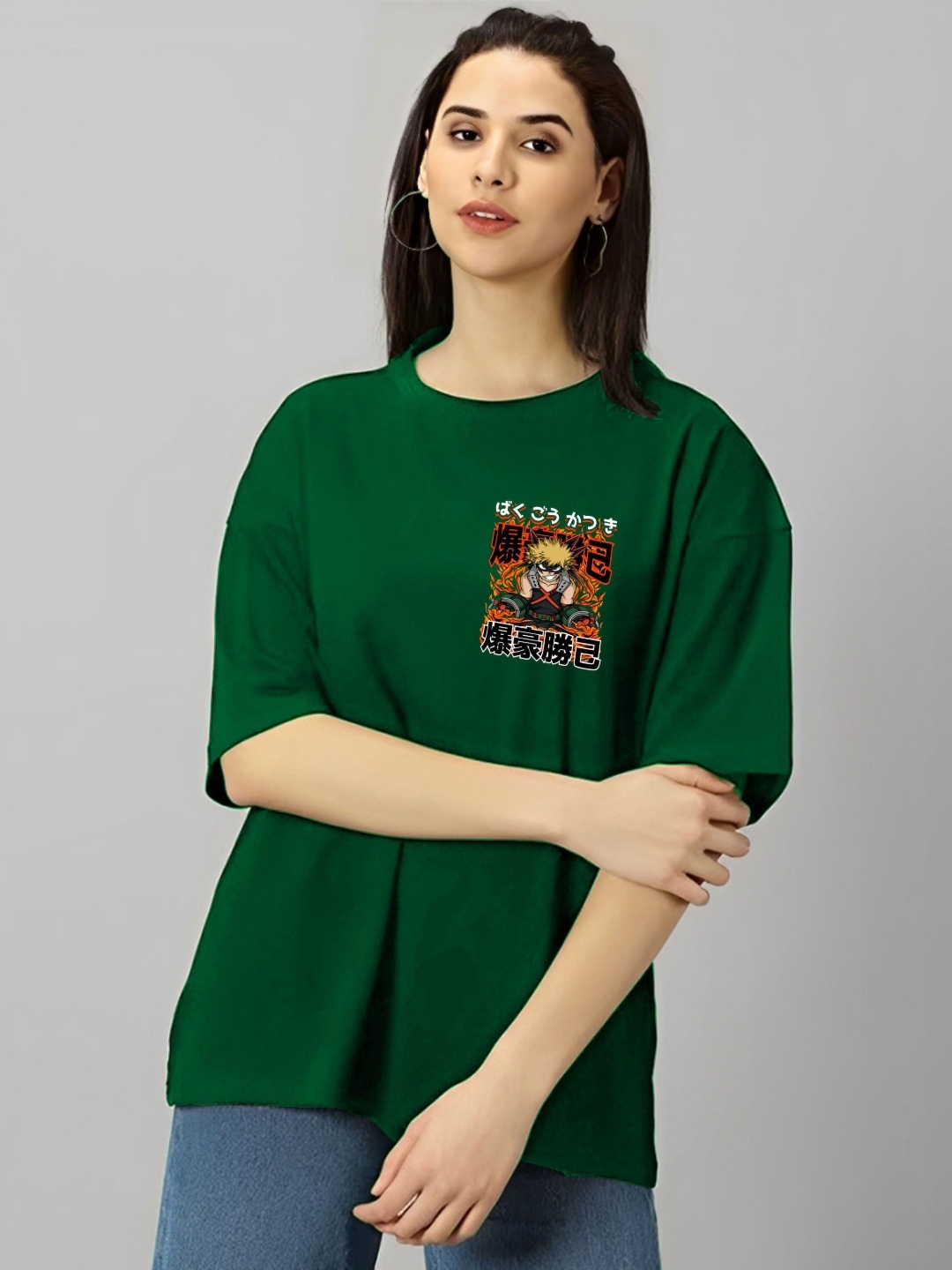 

LECOWAR Women Naruto Graphic Printed Round Neck Cotton Oversized T-shirt, Green