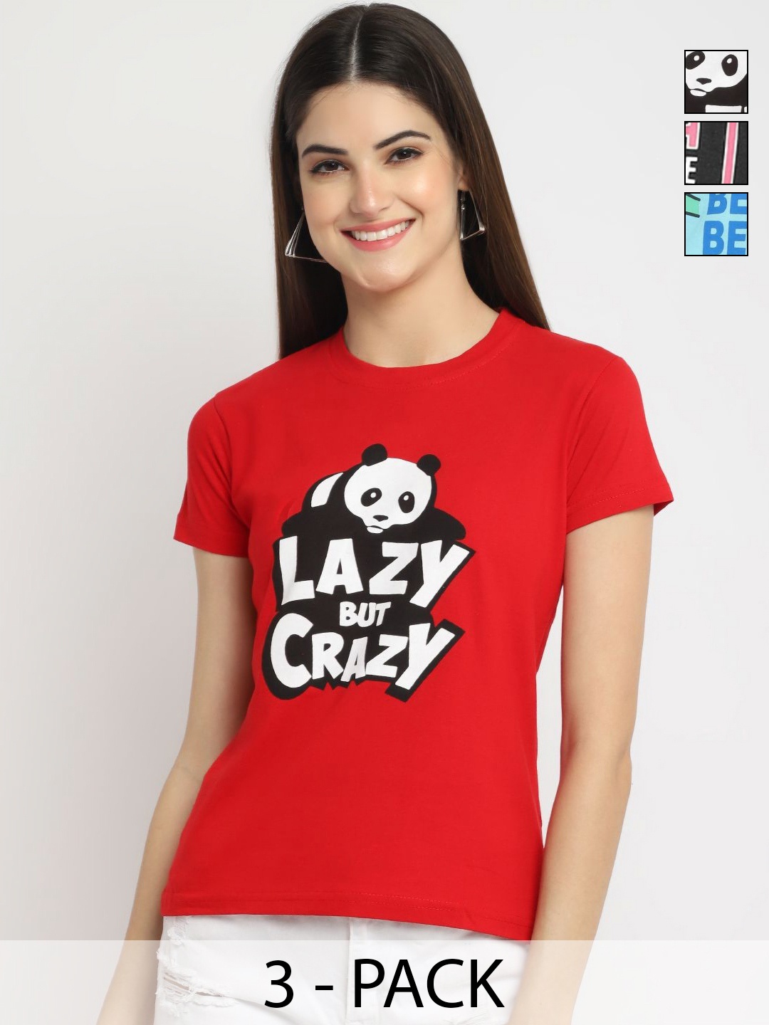

Dreambe Women Pack of 3 Looney Tunes Graphic Printed Round Neck Cotton T-shirts, Red