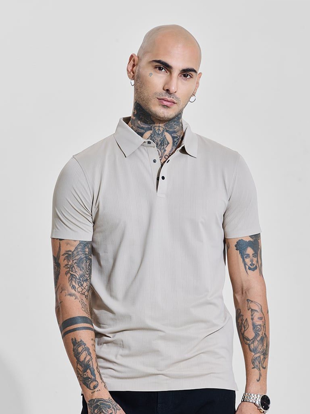

Snitch Men Self Design Polo Collar Slim Fit T-shirt, Grey