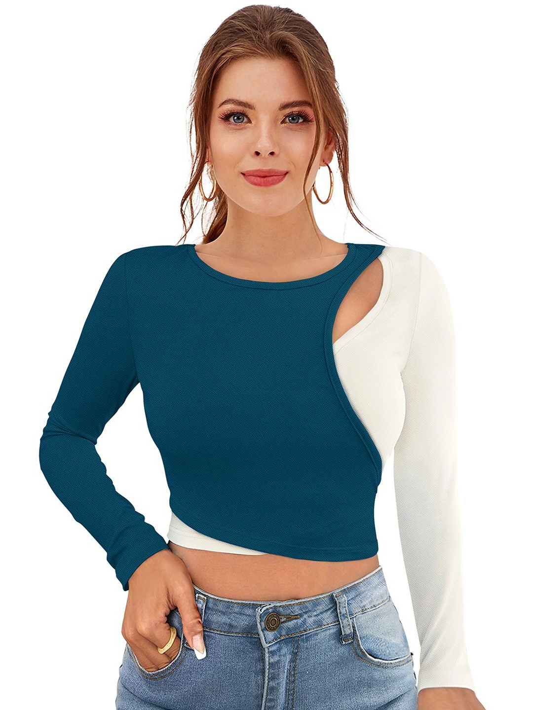 

S.K.C Colourblocked Fitted Crop Top, Teal