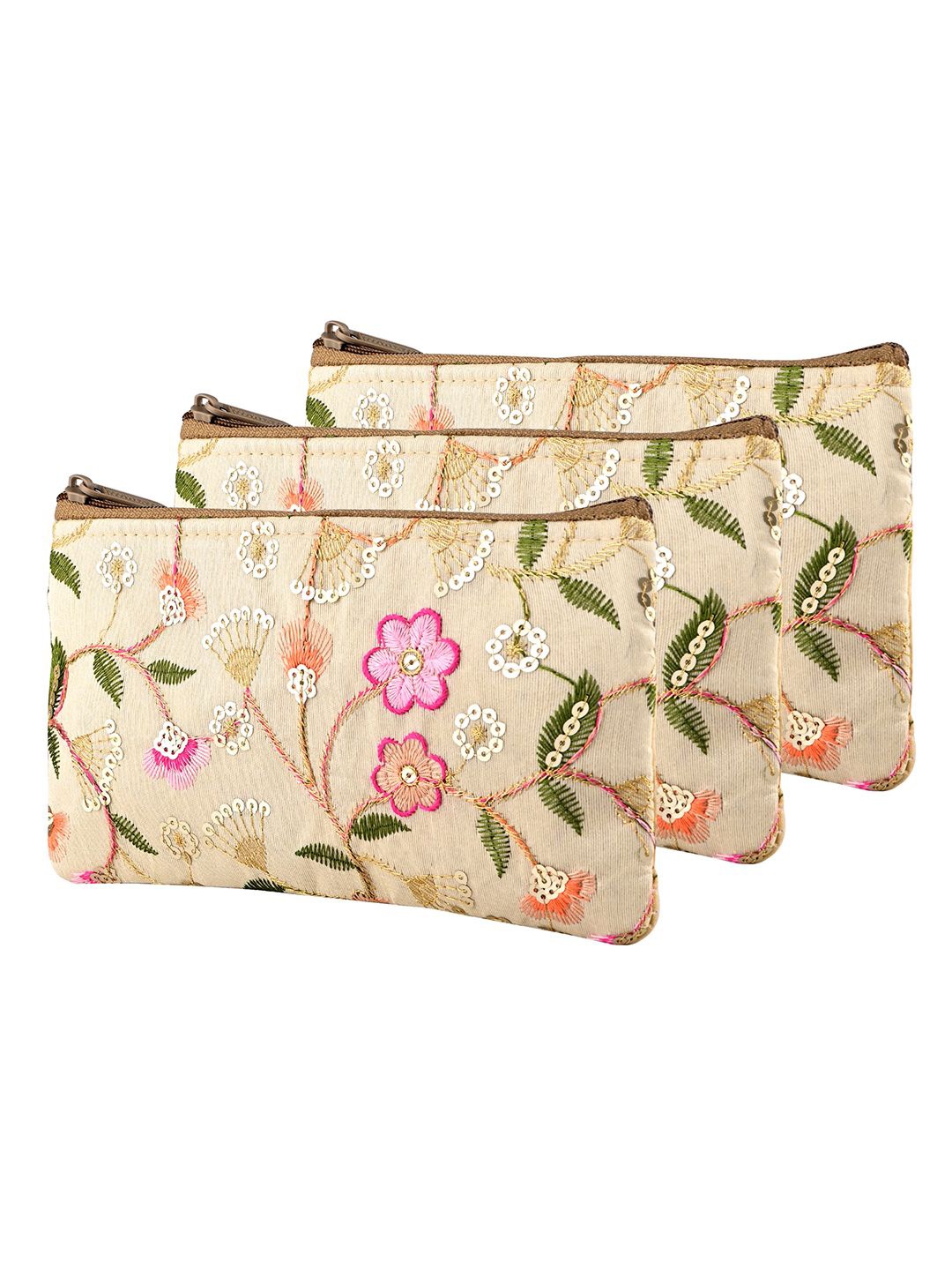 

Kuber Industries 3 Pcs Polyester Traditional Ladies Hand Purse with Zip Embroidered Clutch, Cream