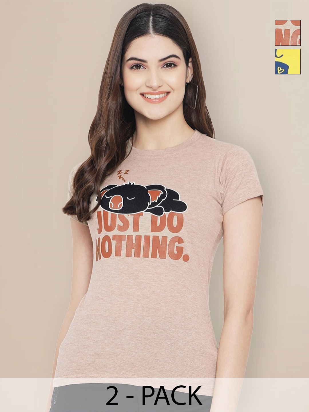

GLOBAL NOMAD Women Pack of 2 Typography Printed Round Neck Cotton T-shirts, Beige