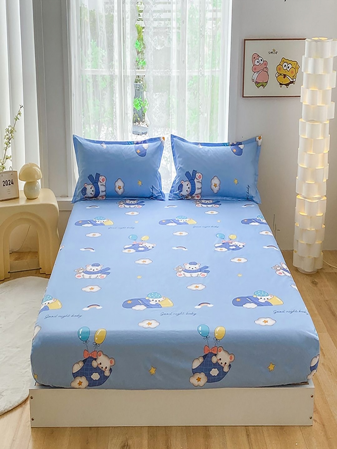 

JC HOME Blue & White Abstract Printed140 TC Fitted Single Size Bedsheet Set