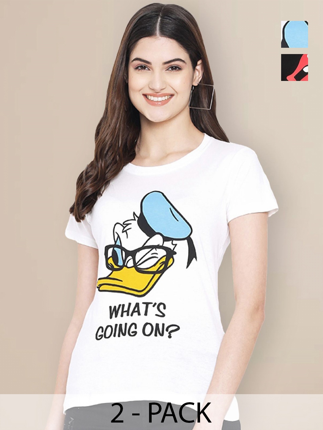 

GLOBAL NOMAD Women Pack of 2 Donald Duck Graphic Printed Round Neck Cotton T-shirts, White