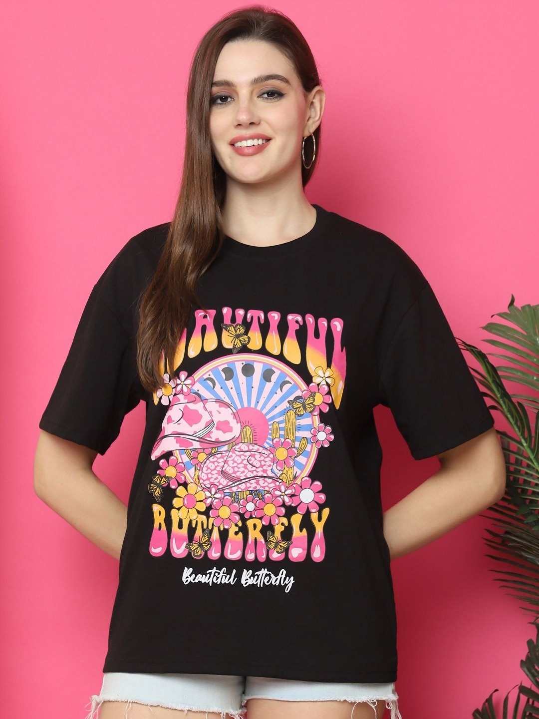 

Metronaut Women Graphic Printed Round Neck Cotton Oversized T-shirt, Black