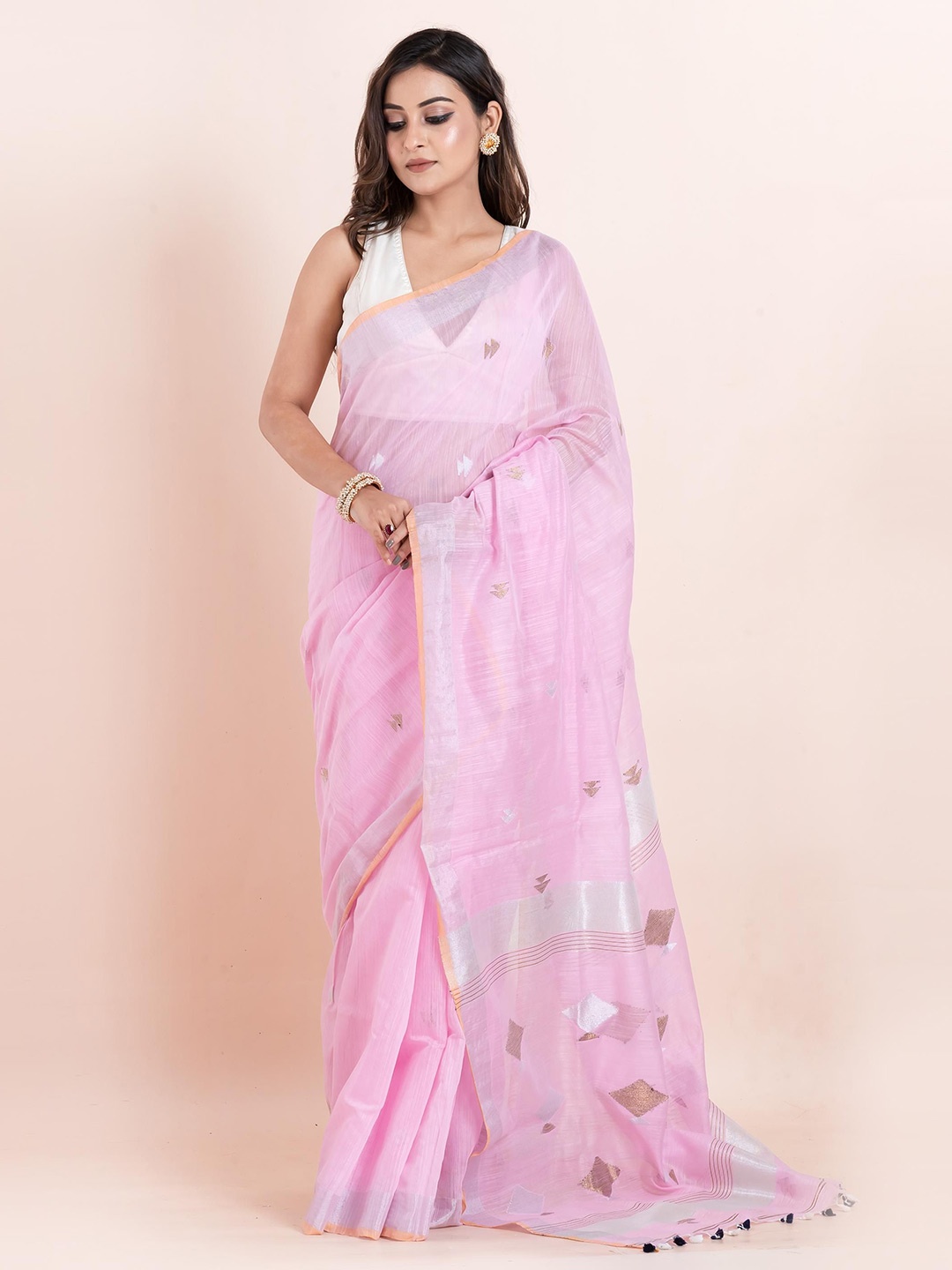 

PUKU Woven Design Pure Cotton Saree, Pink