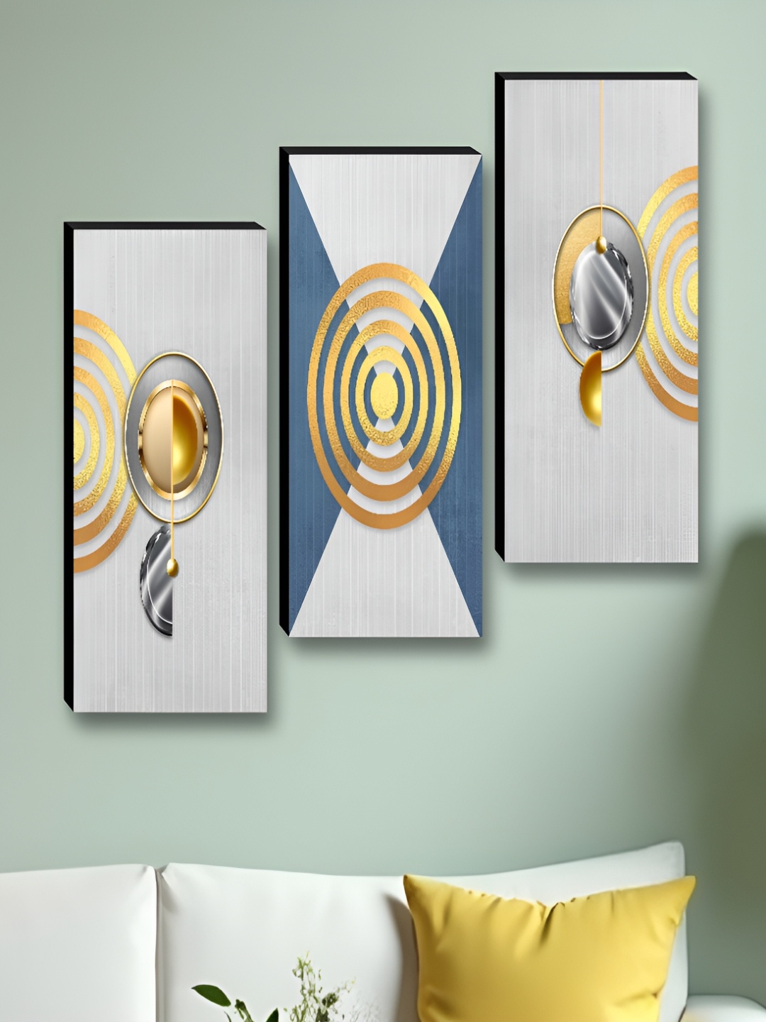 

Myntra Elegant Homes Grey & Gold-Toned 3 Pieces Abstract Printed Wooden Wall Paintings