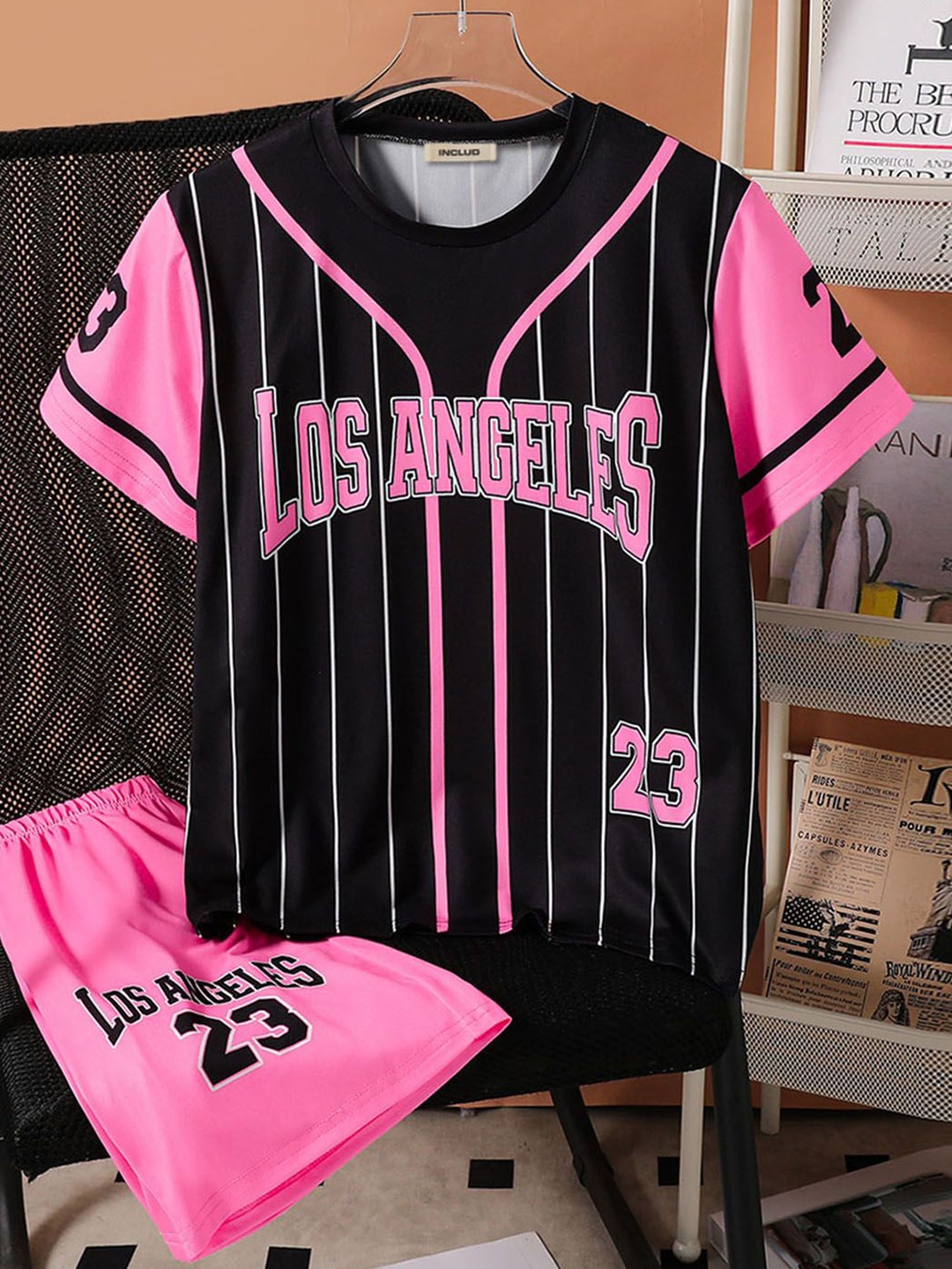 

INCLUD Girls Striped Varsity T-shirt With Shorts, Black