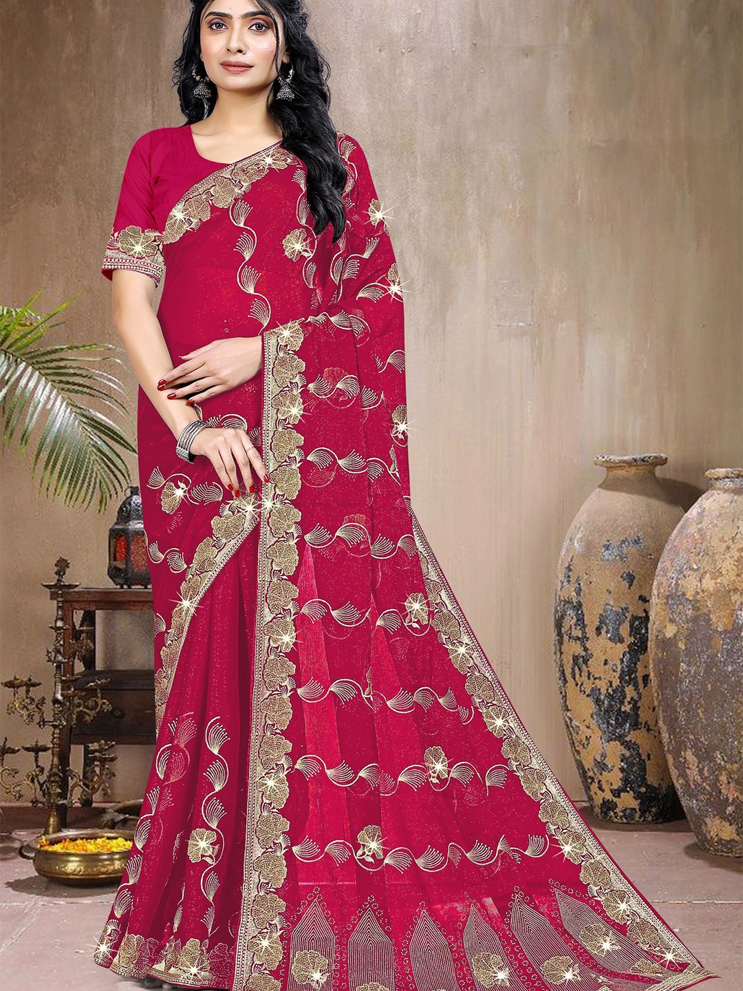 

ANJANI TEXTILE Ethnic Motifs Embroidered Beads and Stones Tissue Saree, Pink