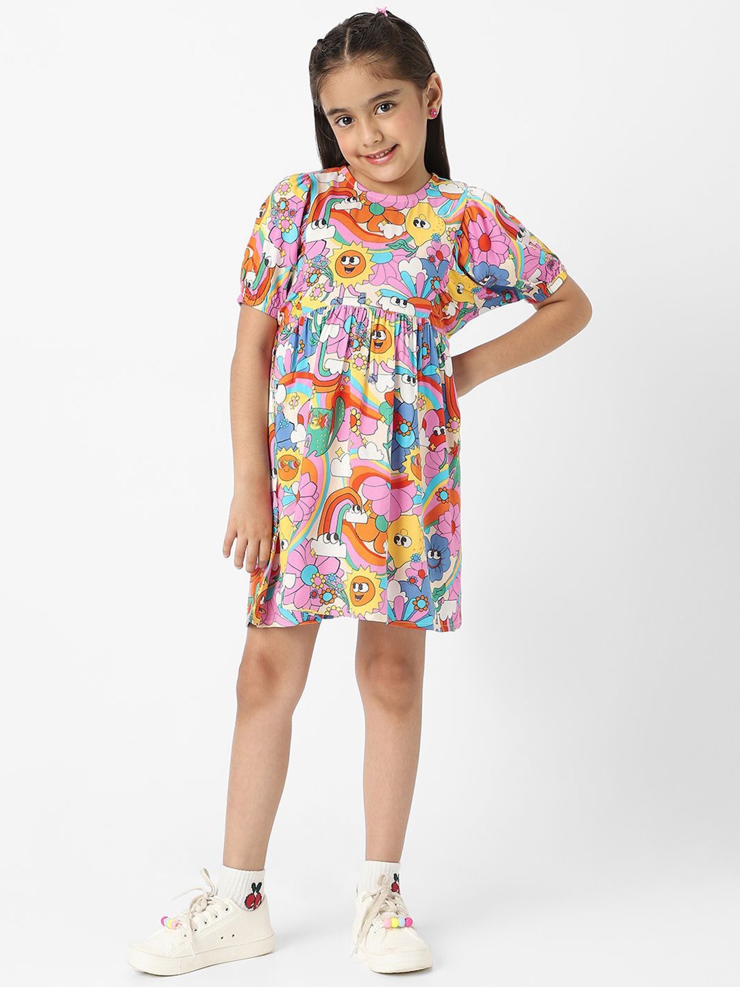 

Nauti Nati Girls' Colourful AOP Fit and Flare Dress, White