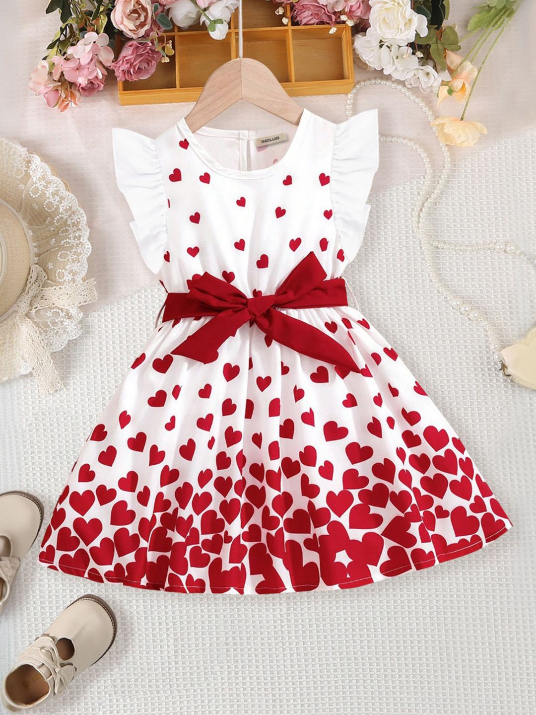

INCLUD Girls Printed Flared Sleeve Fit & Flare Dress, Red