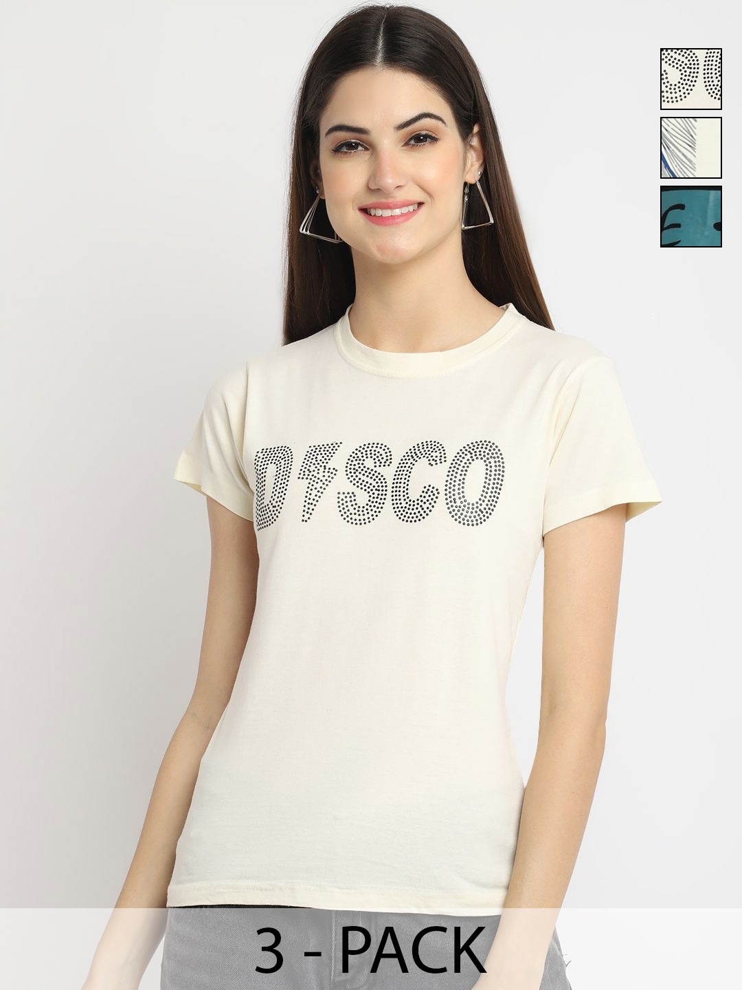 

Dreambe Women Pack of 3 Typography Printed Round Neck Cotton T-shirts, Cream