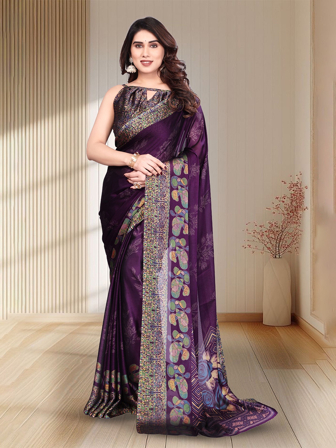 

SUPERLAXMI Floral Pure Chiffon Saree, Purple