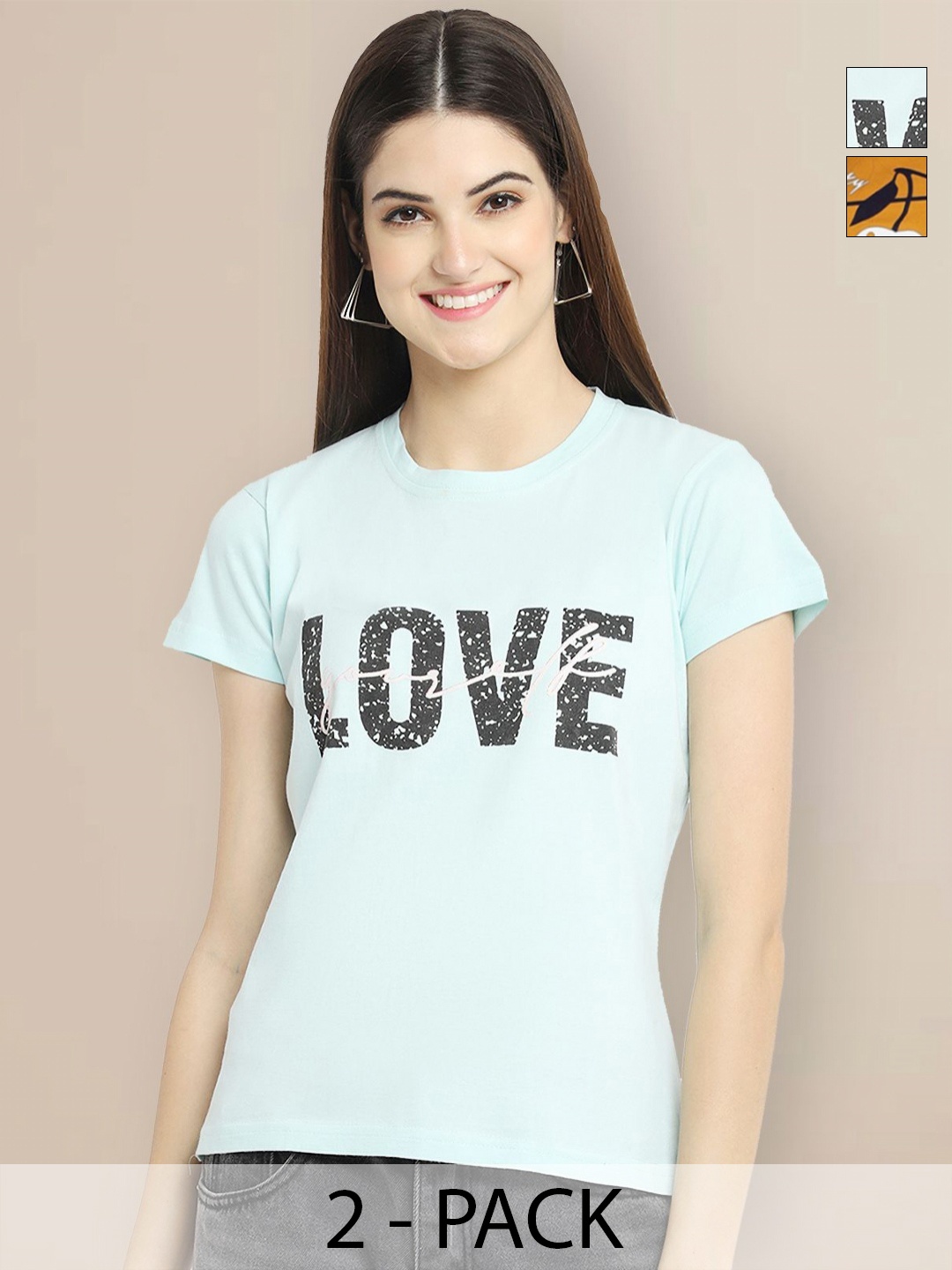

GLOBAL NOMAD Women Pack of 2 Typography Printed Round Neck Cotton T-shirts, Turquoise blue
