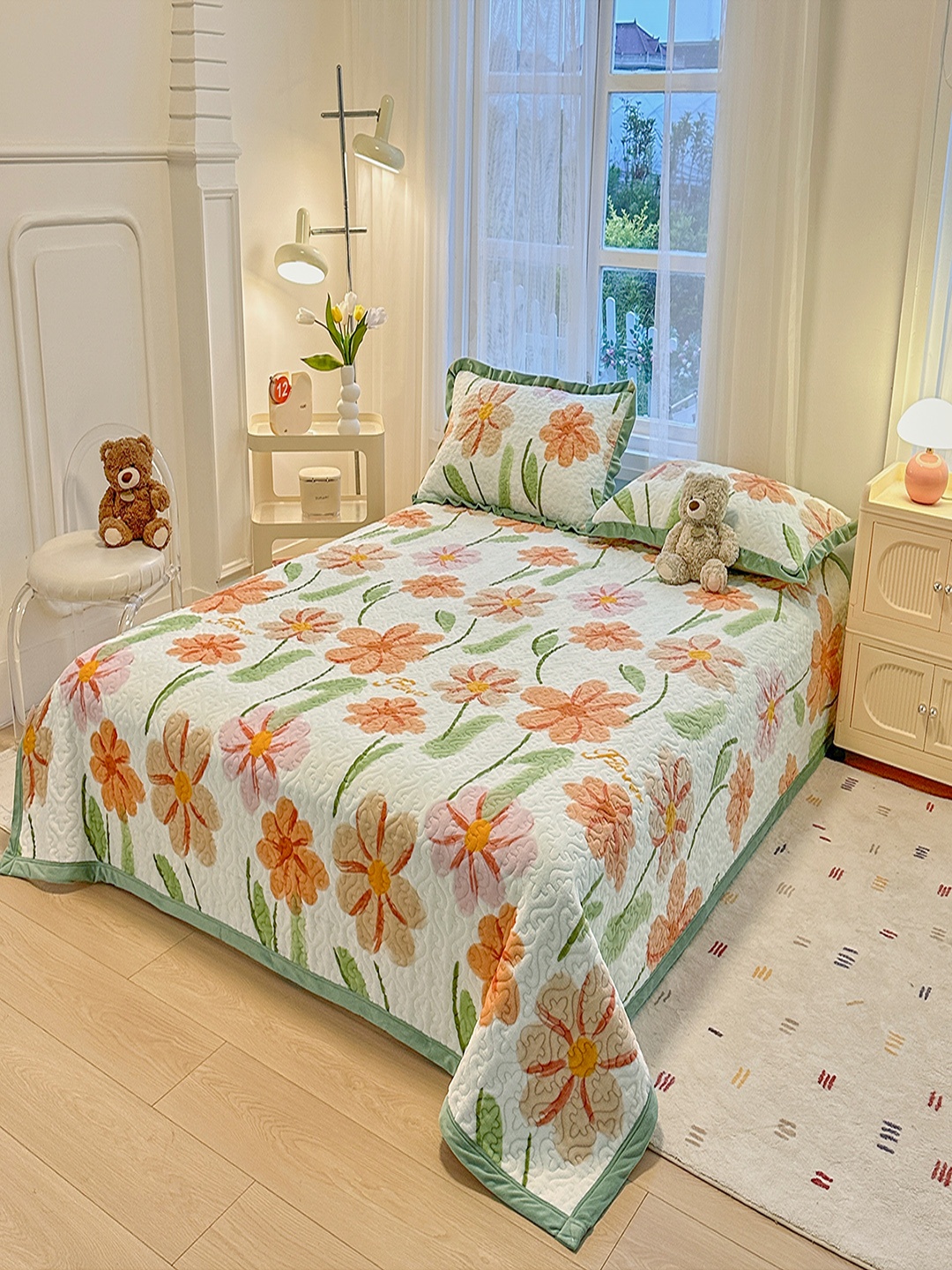 

JC HOME Green & Orange Colored Floral Printed Bed Cover With Pillow