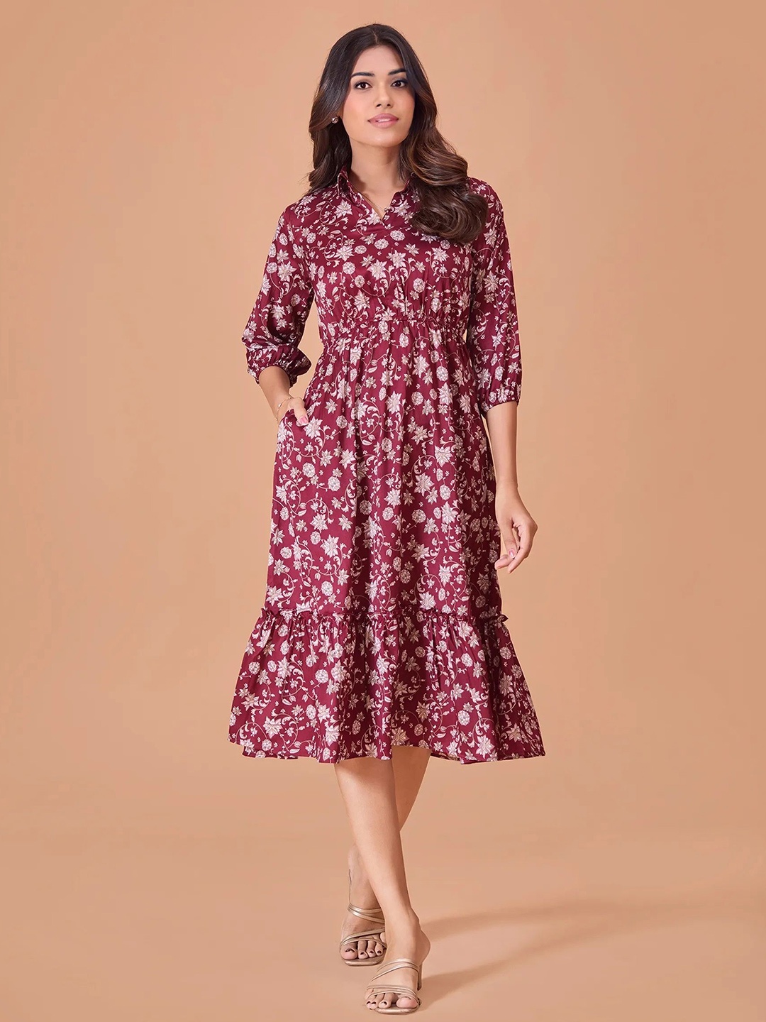 

all about you Floral Printed Shirt Collar Cotton Fit & Flare Midi Dress, Maroon