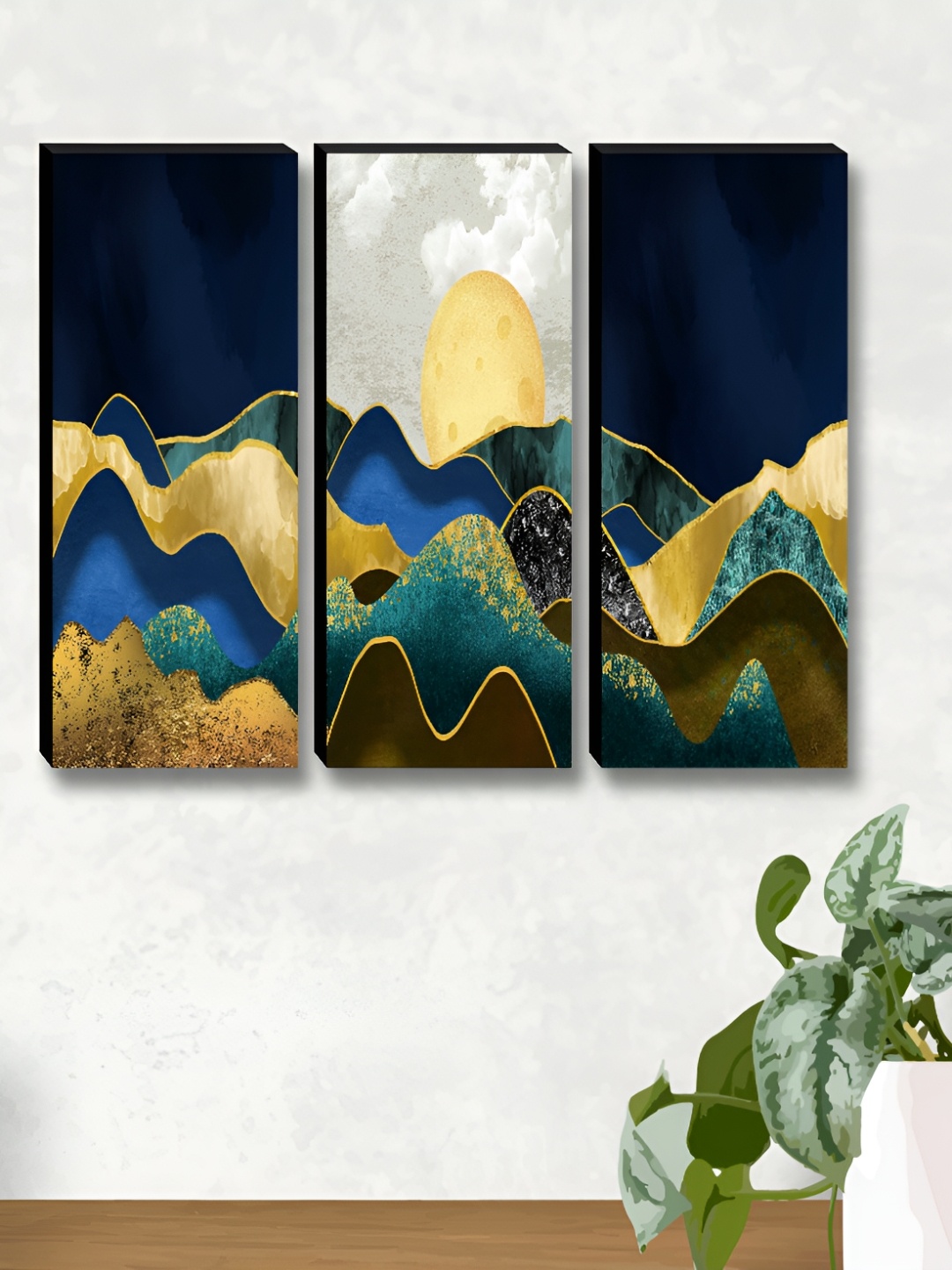 

Myntra Elegant Homes Navy Blue & Gold-Toned 3 Pieces Abstract Wall Paintings