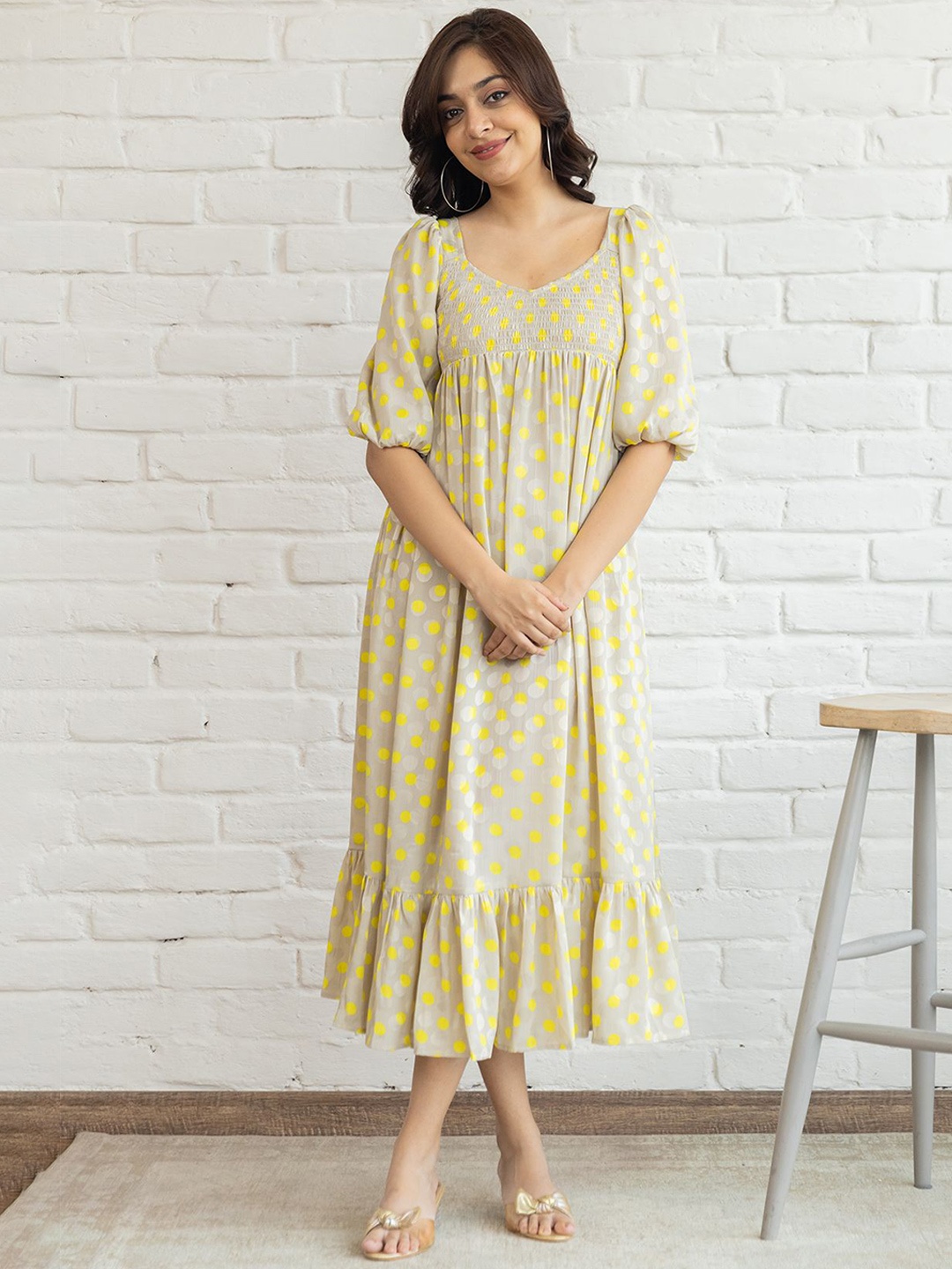 

Polago Clothing Polka Dots Printed Georgette Empire Midi Dress, Grey