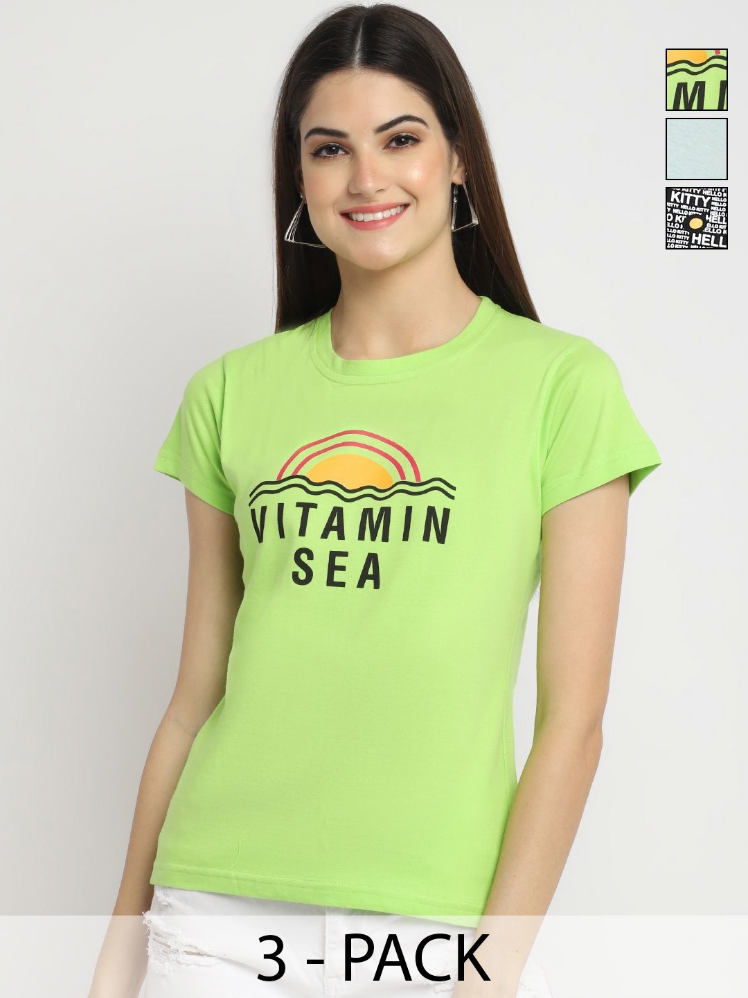 

Dreambe Pack Of 3 Typography Printed Cotton T-shirt, Green