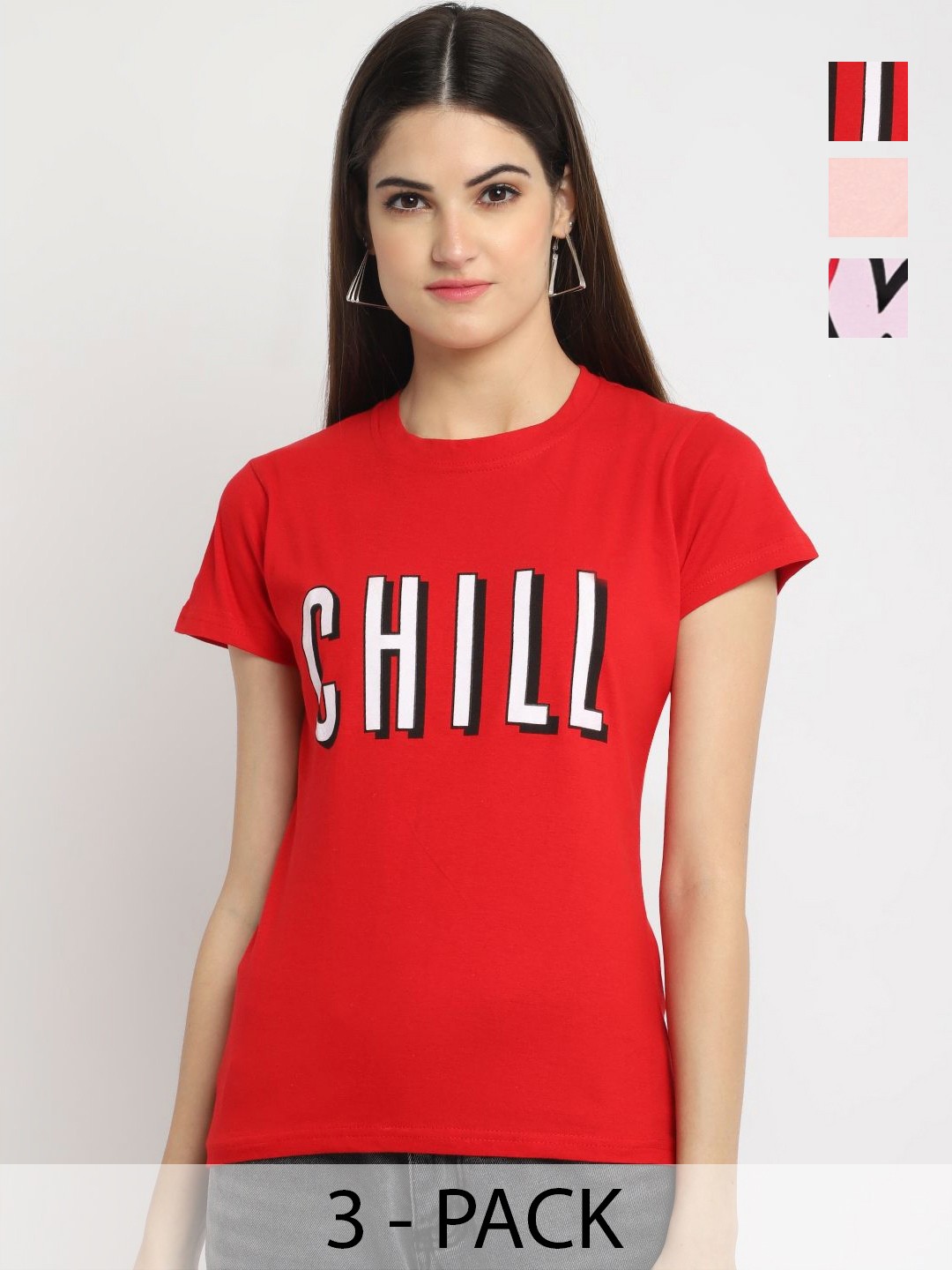 

Dreambe Women Pack of 3 Typography Printed Round Neck Cotton T-shirts, Red