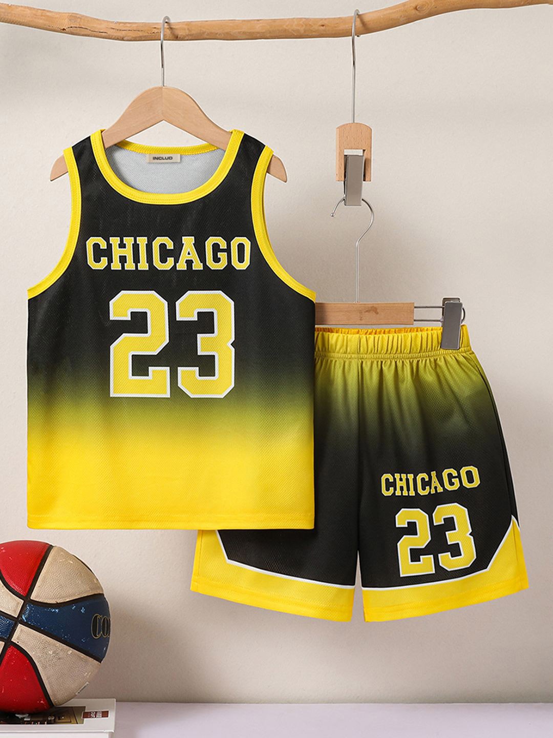 

INCLUD Boys Varsity Printed Round Neck T-shirt With Shorts, Yellow