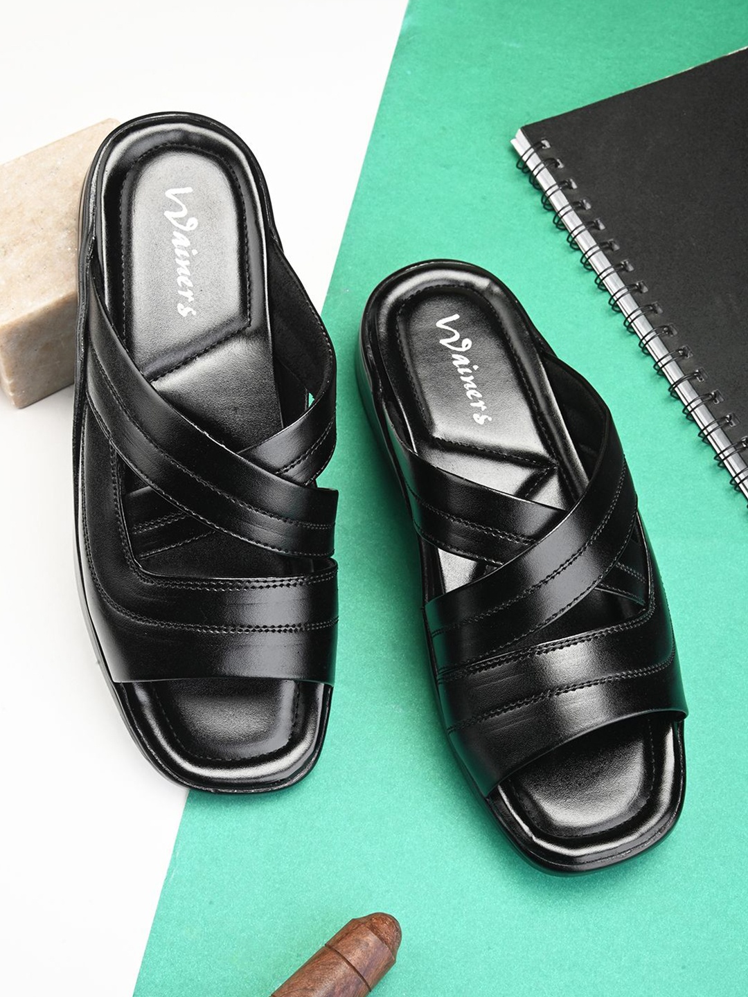 

WAINERS Men Leather Comfort Sandals, Black