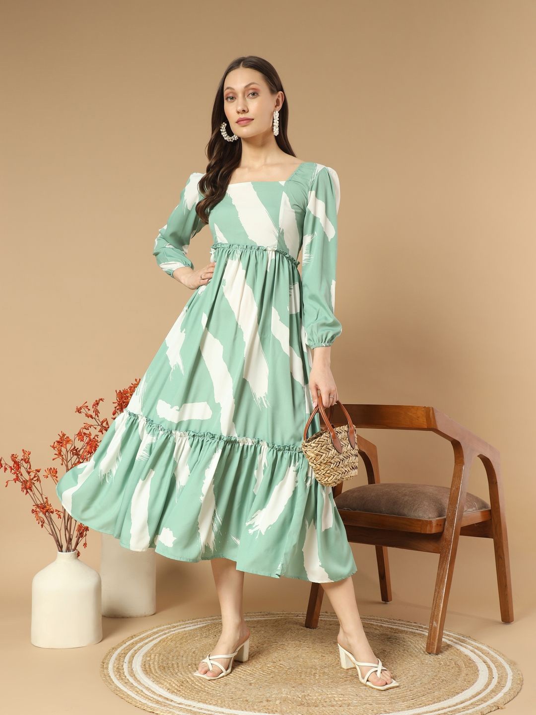 

OTABU Women Print Fit n Flare Midi Dress, Green