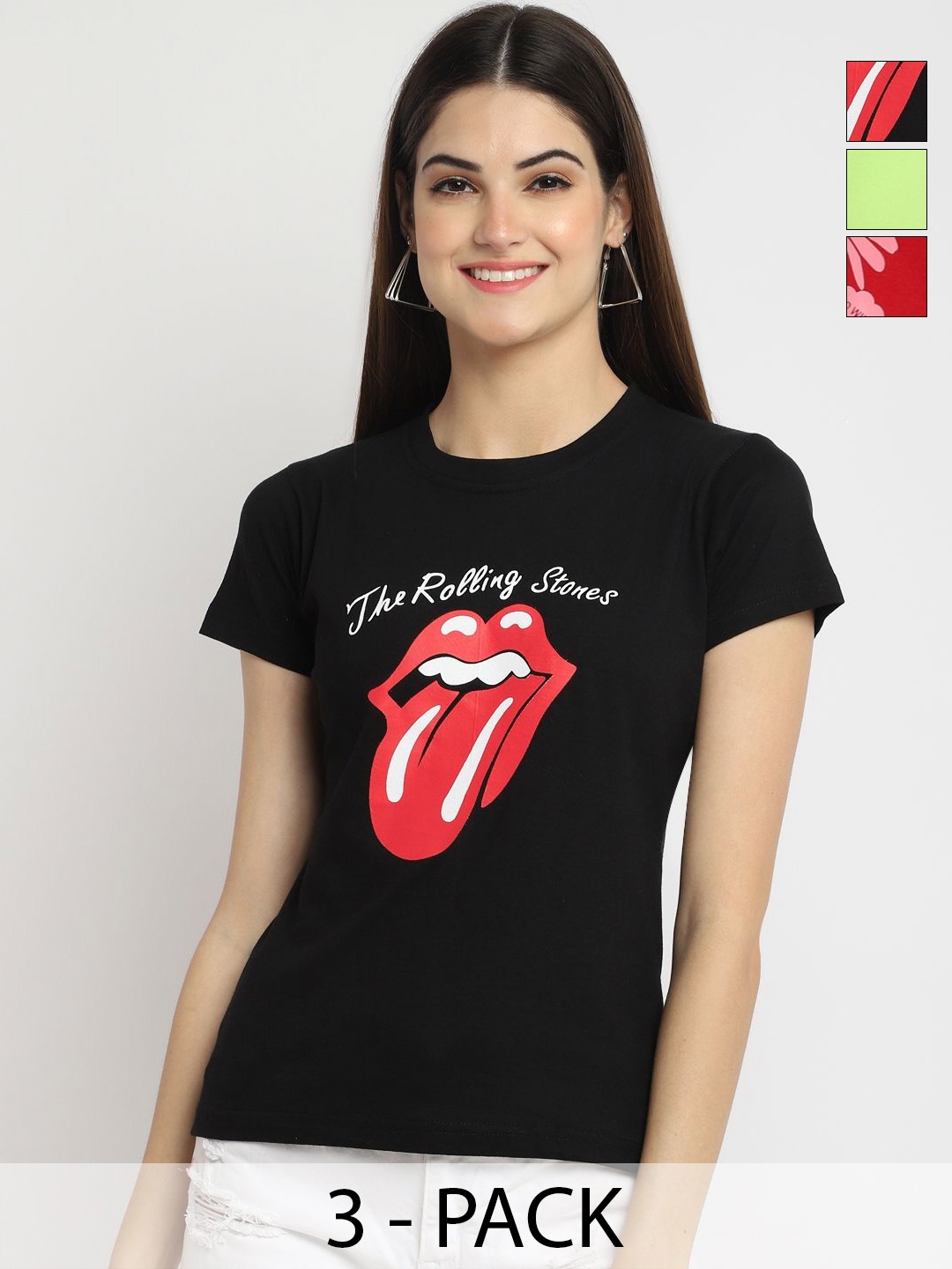 

Dreambe Women Pack of 3 Typography Printed Round Neck Cotton T-shirts, Black