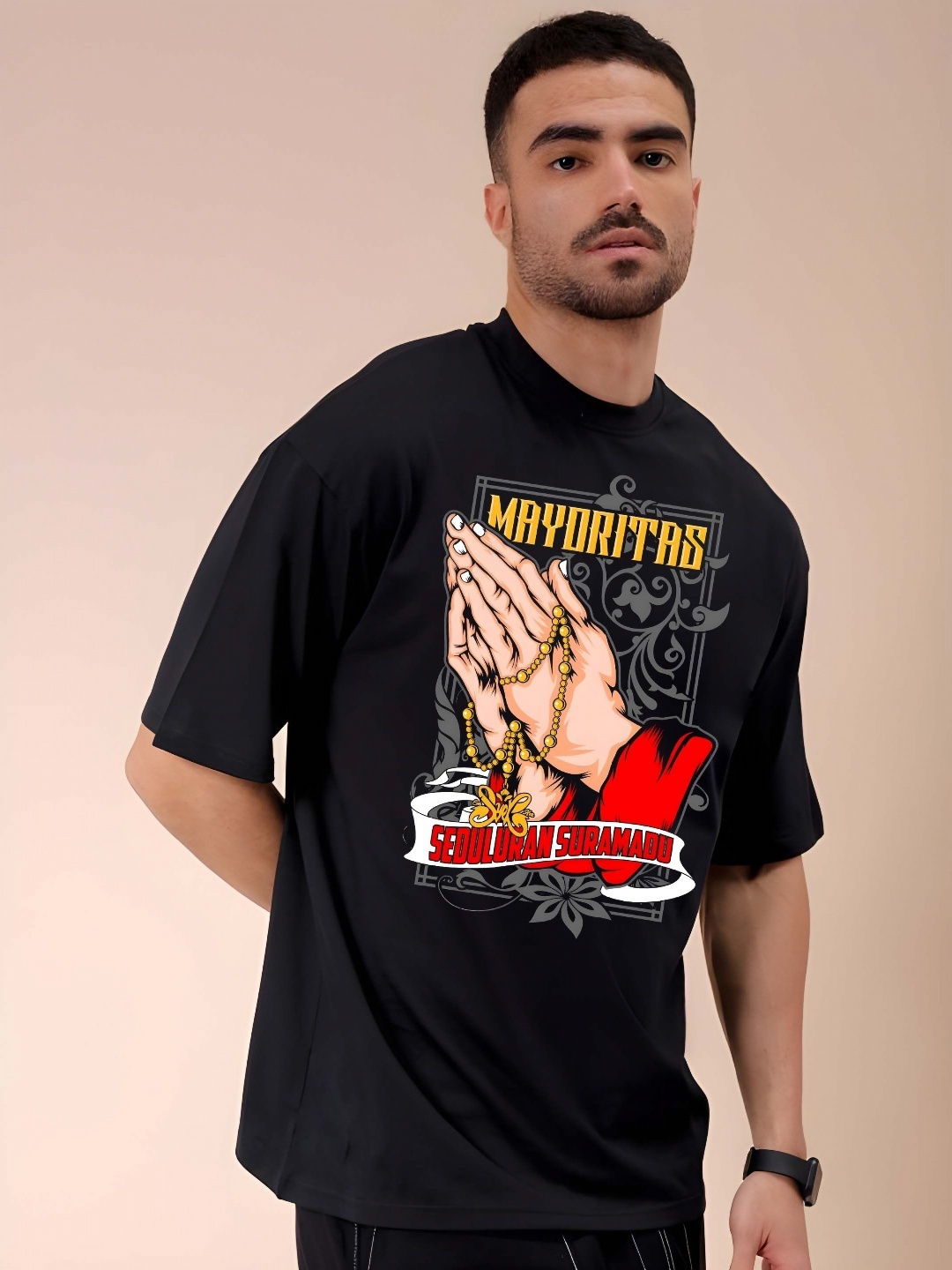 

THE BEETEL HOUSE Men Graphic Printed Round Neck Cotton Oversized T-shirt, Black